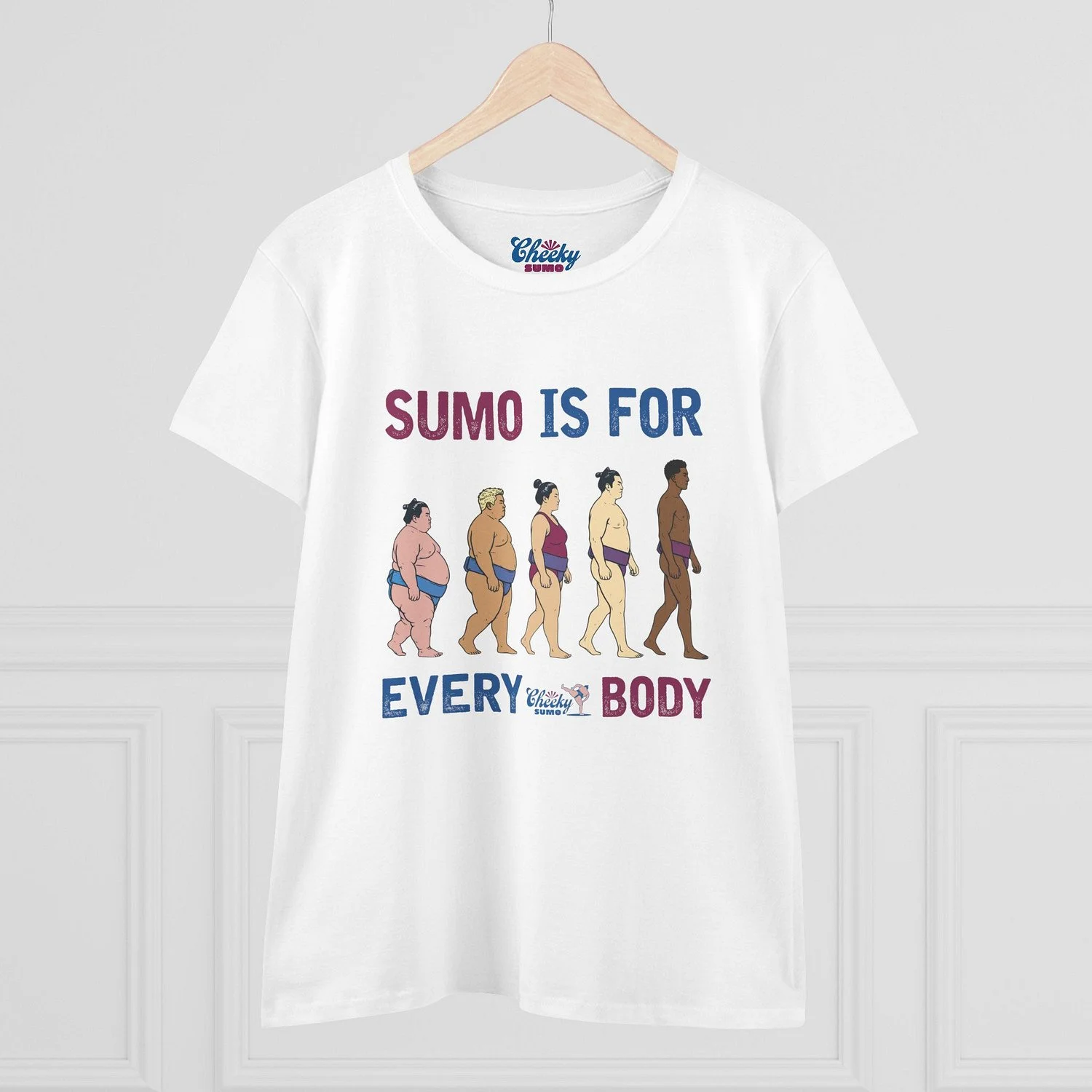 front of white sumo is for everybody women's tee featuring five sumo wrestlers