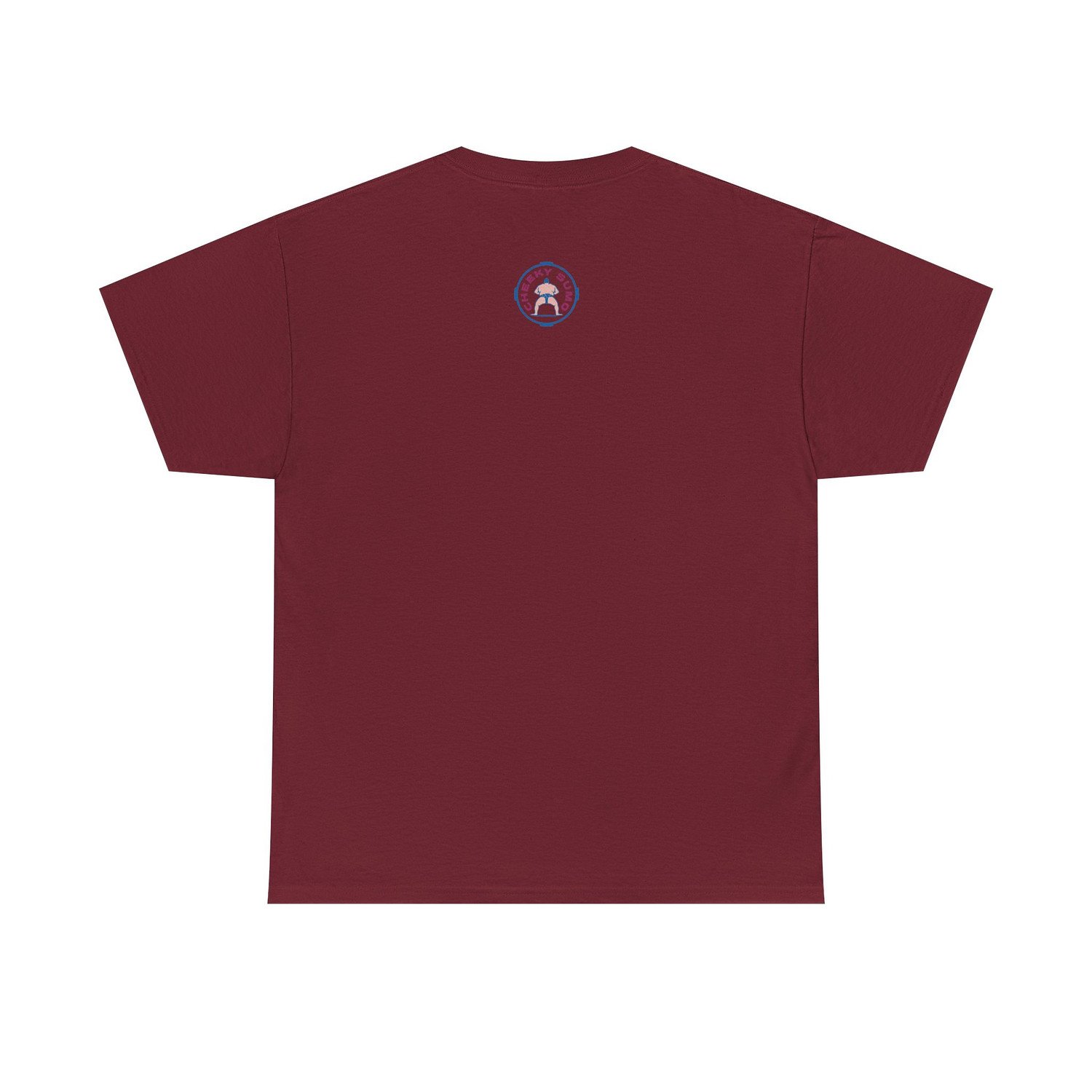 back of garnet t-shirt with Cheeky Sumo classic rays logo centered near the collar