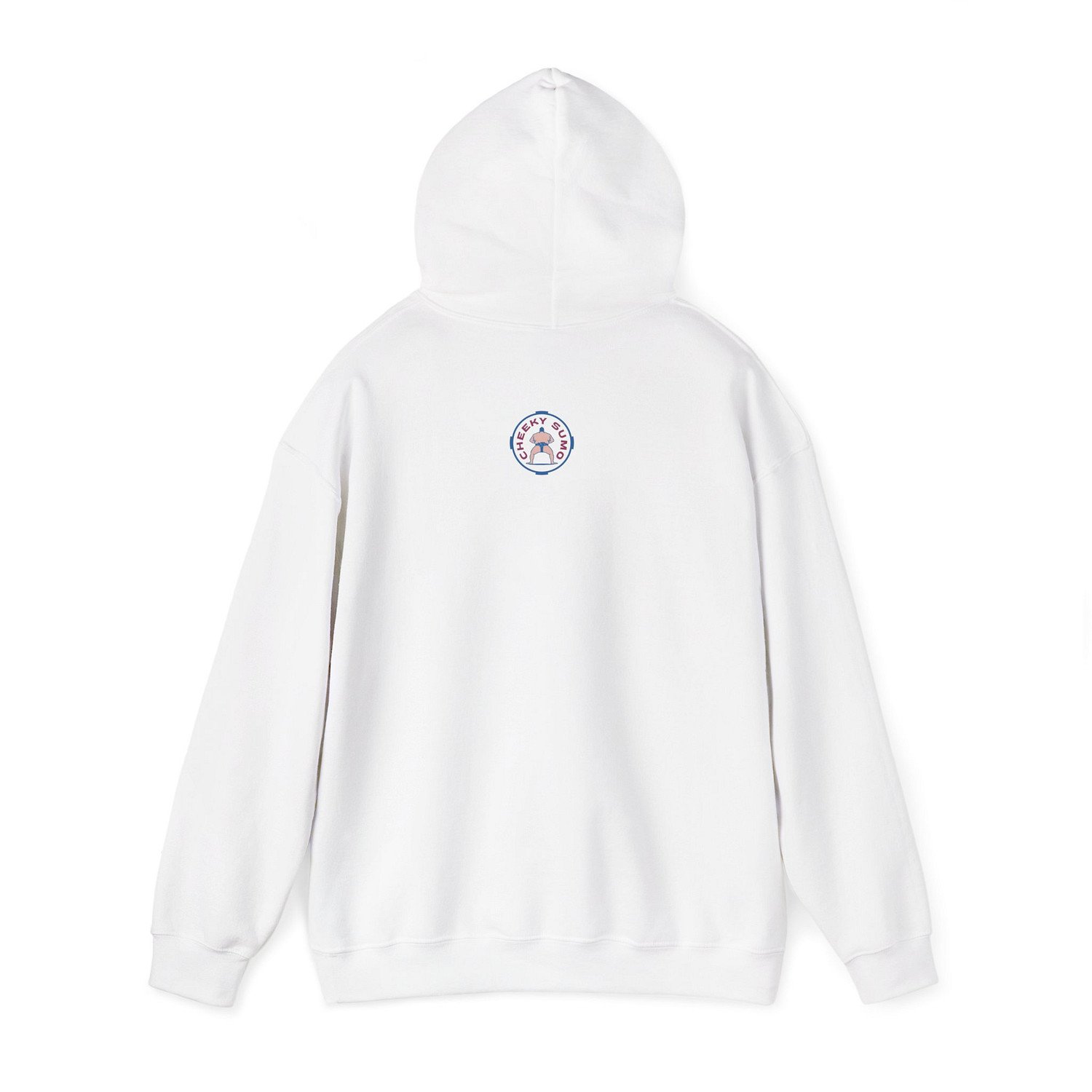 back of white "sumo is for everybody" hoodie featuring Cheeky Sumo logo
