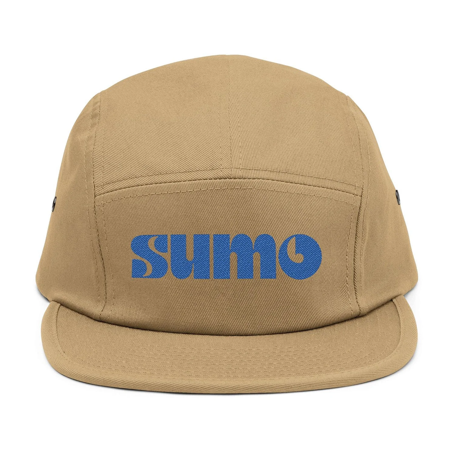 KHaki 5-panel sumo cap with blue embroidered text