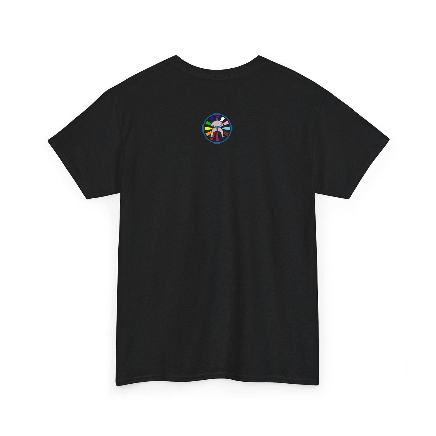 Black t-shirt featuring Cheeky Sumo rainbow pride rays logo on the back
