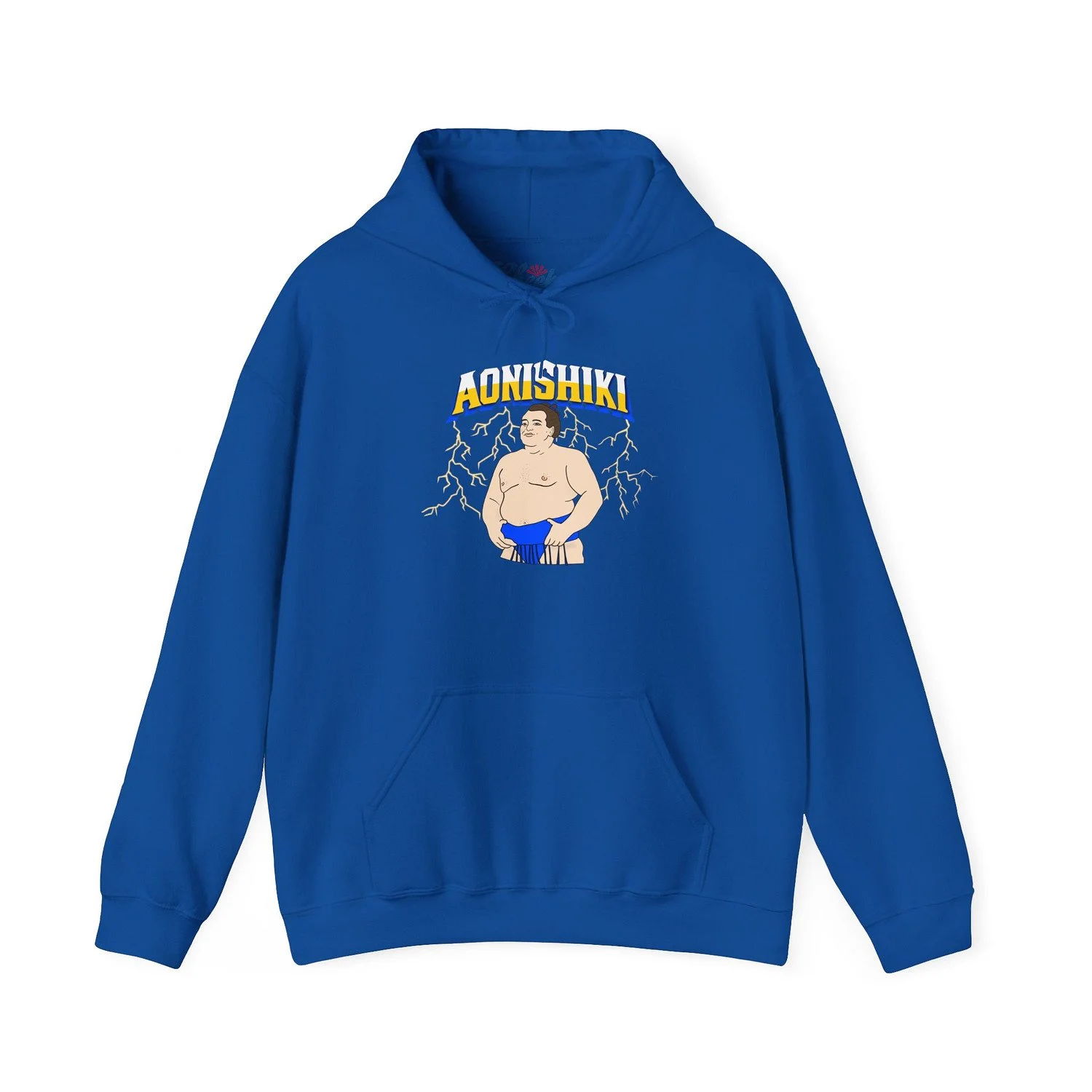 Blue hoodie with lightning bolts shooting down from "Aonishiki" and the rikishi standing with his mawashi