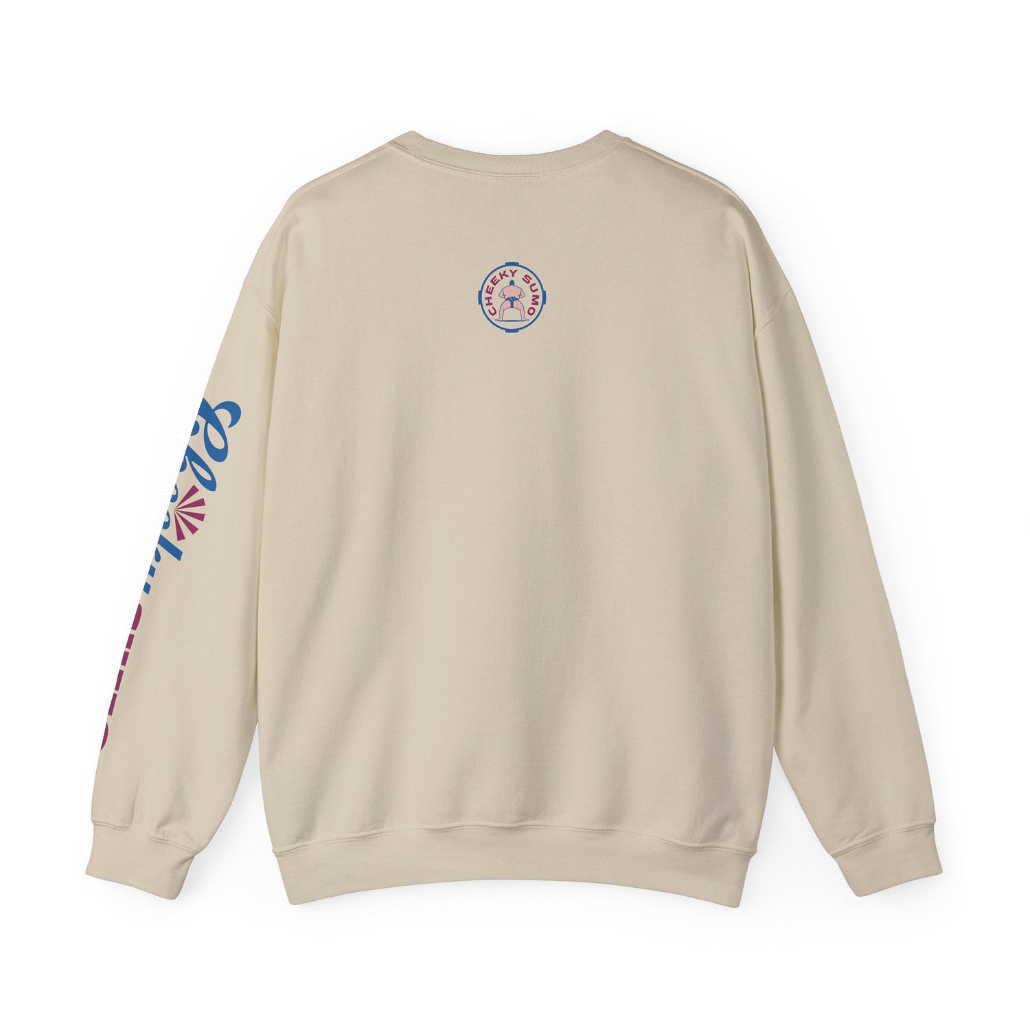 Back of a sand Yokozuna sweatshirt featuring the round Cheeky Sumo rays logo in the upper center.