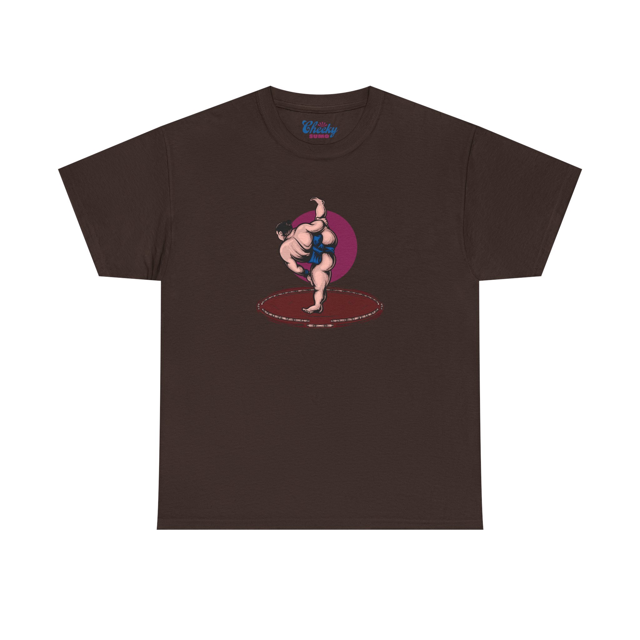 dark brown sumo t-shirt with bold shiko stomp graphic in front and "Cheeky Sumo" down left arm