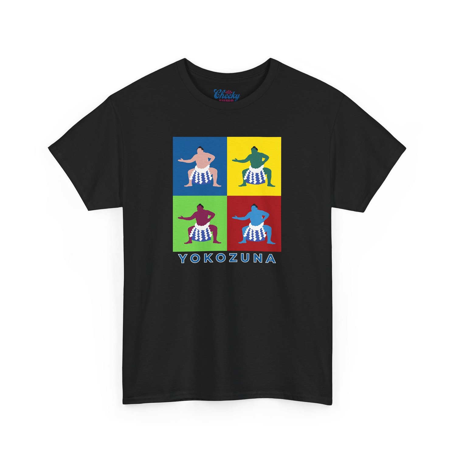 Black T-shirt featuring four colorful pop art panels of Yokozuna Hoshoryu in bold sumo-inspired design
