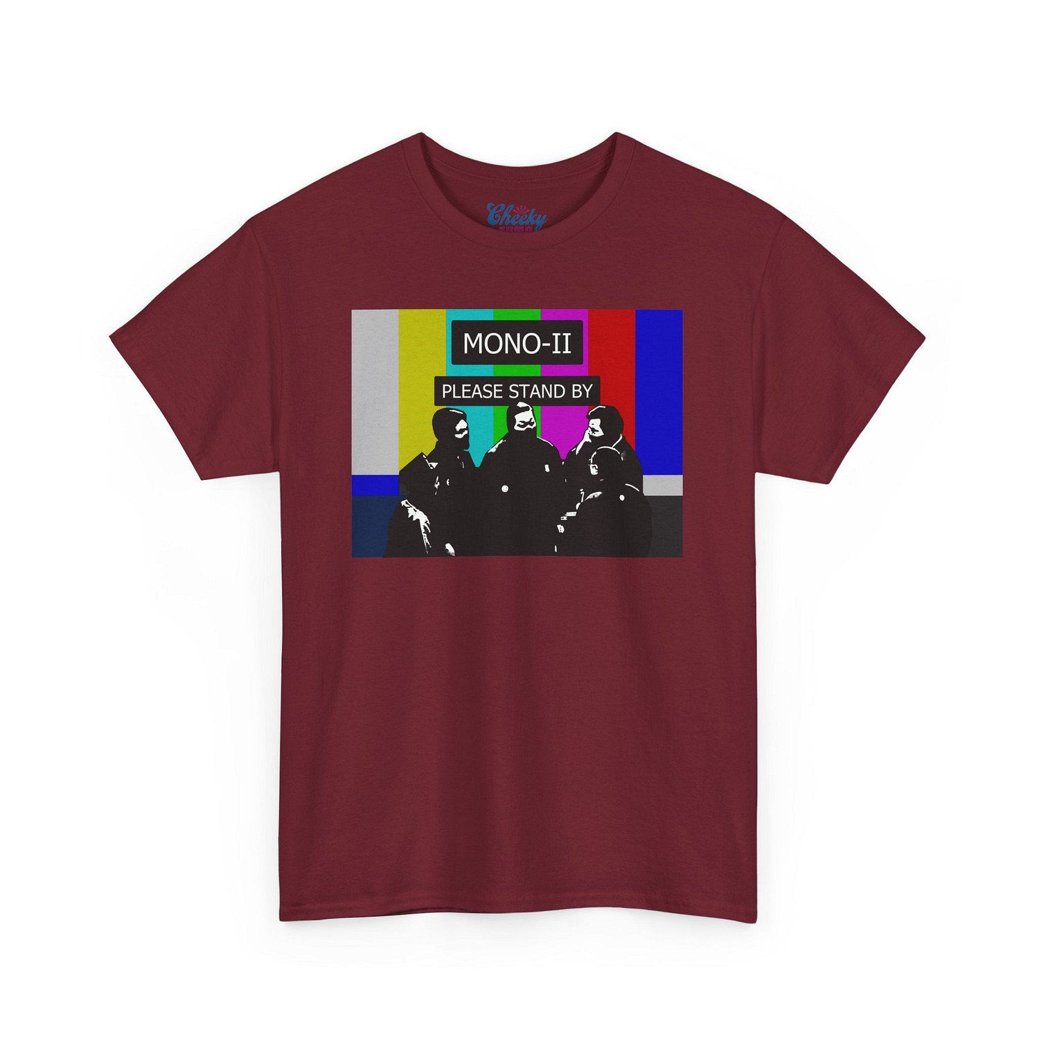 garnet t-shirt with sumo mono-ii and colorful no service TV graphic with "please stand by" text