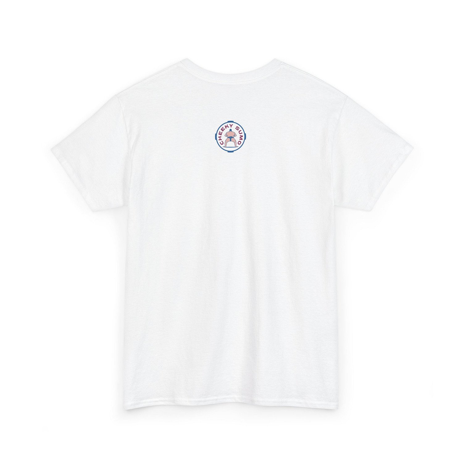 Back of a white t-shirt featuring the round Cheeky Sumo rays logo in the upper center.