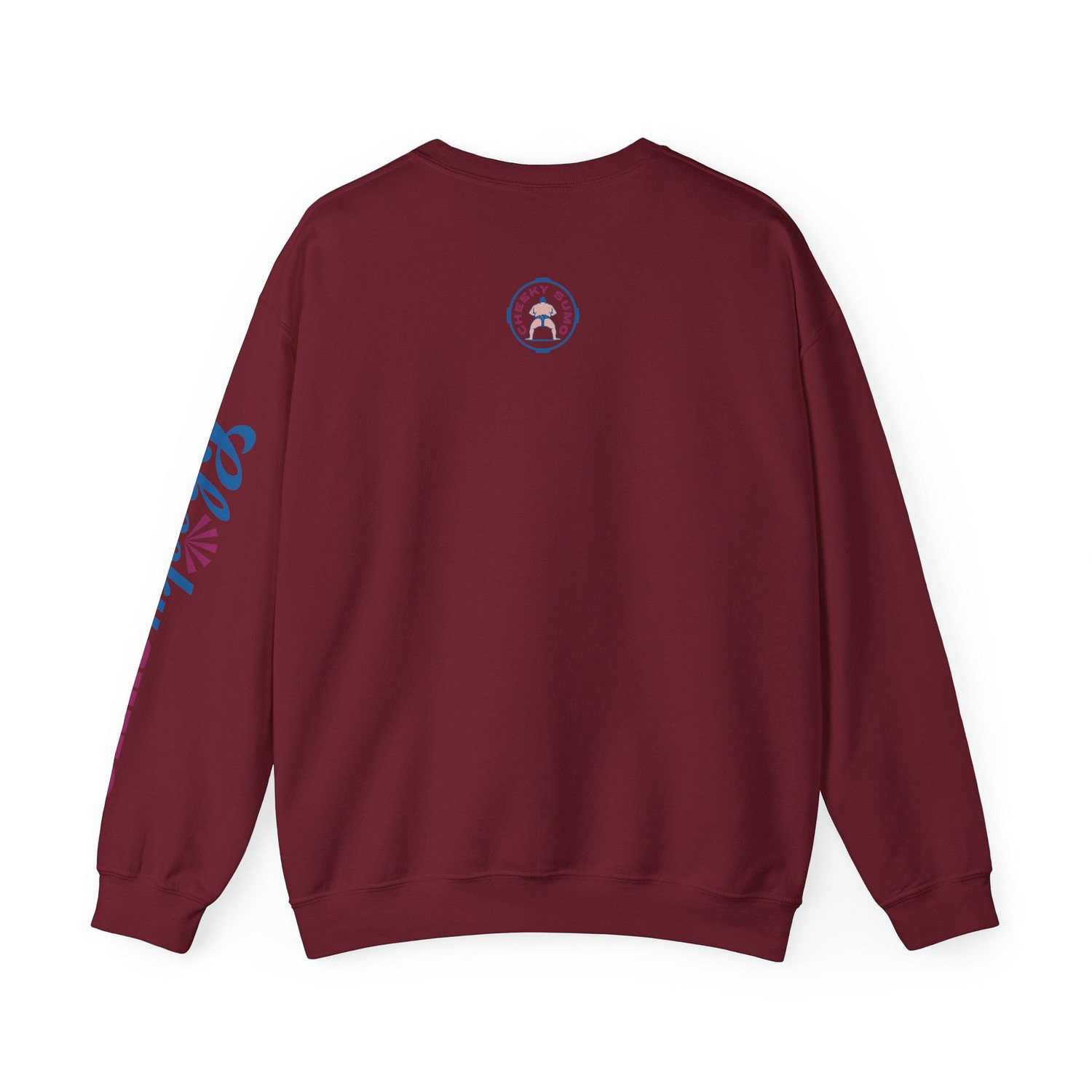 Back of a garnet Yokozuna sweatshirt featuring the round Cheeky Sumo rays logo in the upper center.