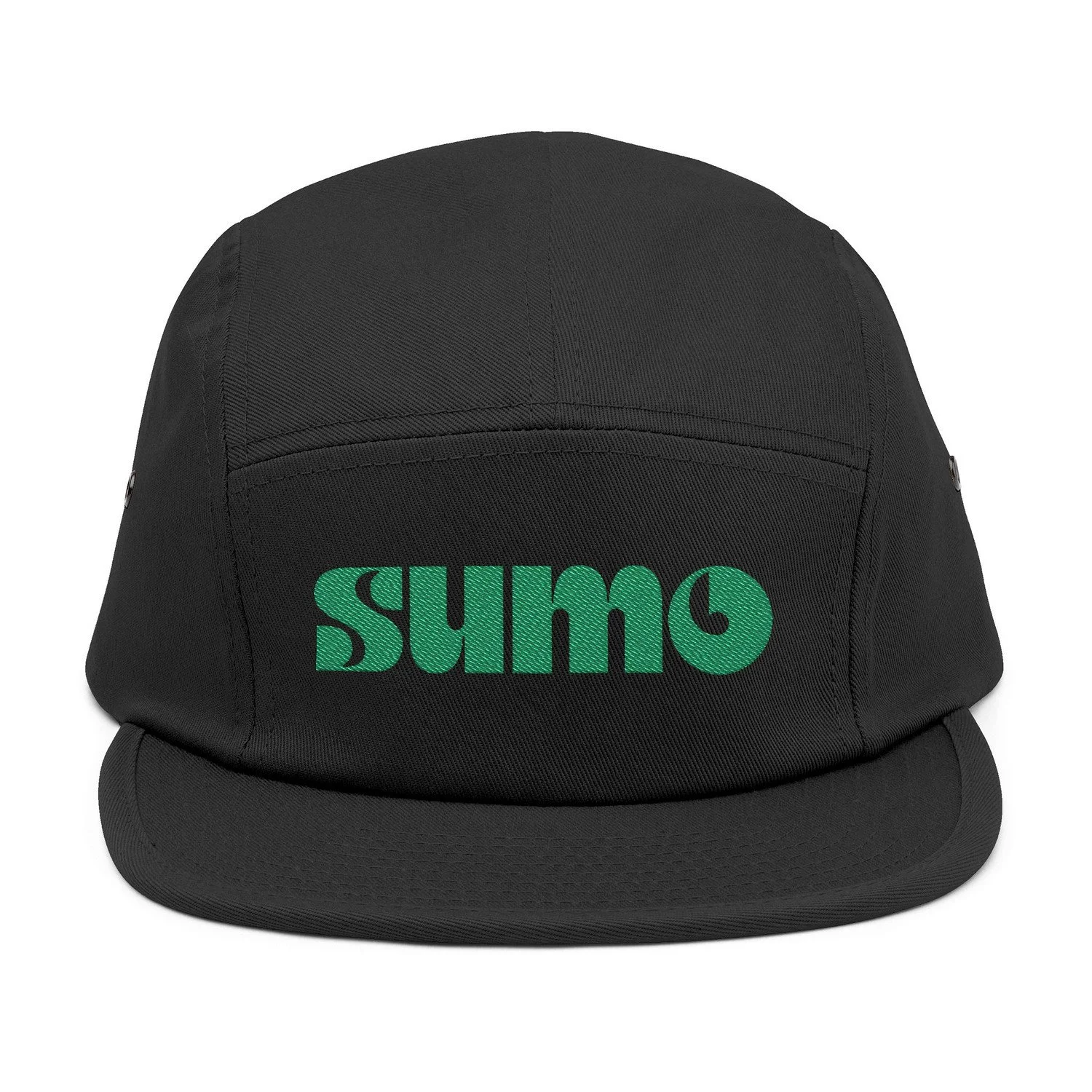 Black 5-panel sumo cap with green embroidered text