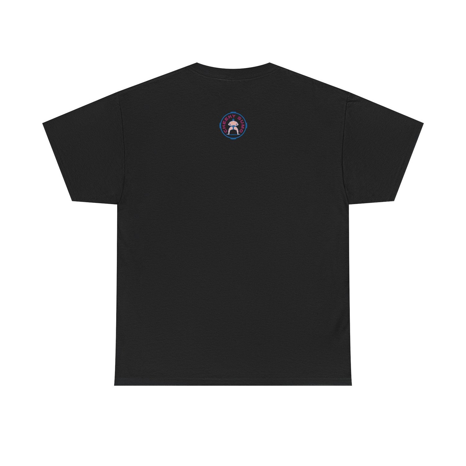 Back of a black T-shirt featuring the round Cheeky Sumo logo in the upper center.