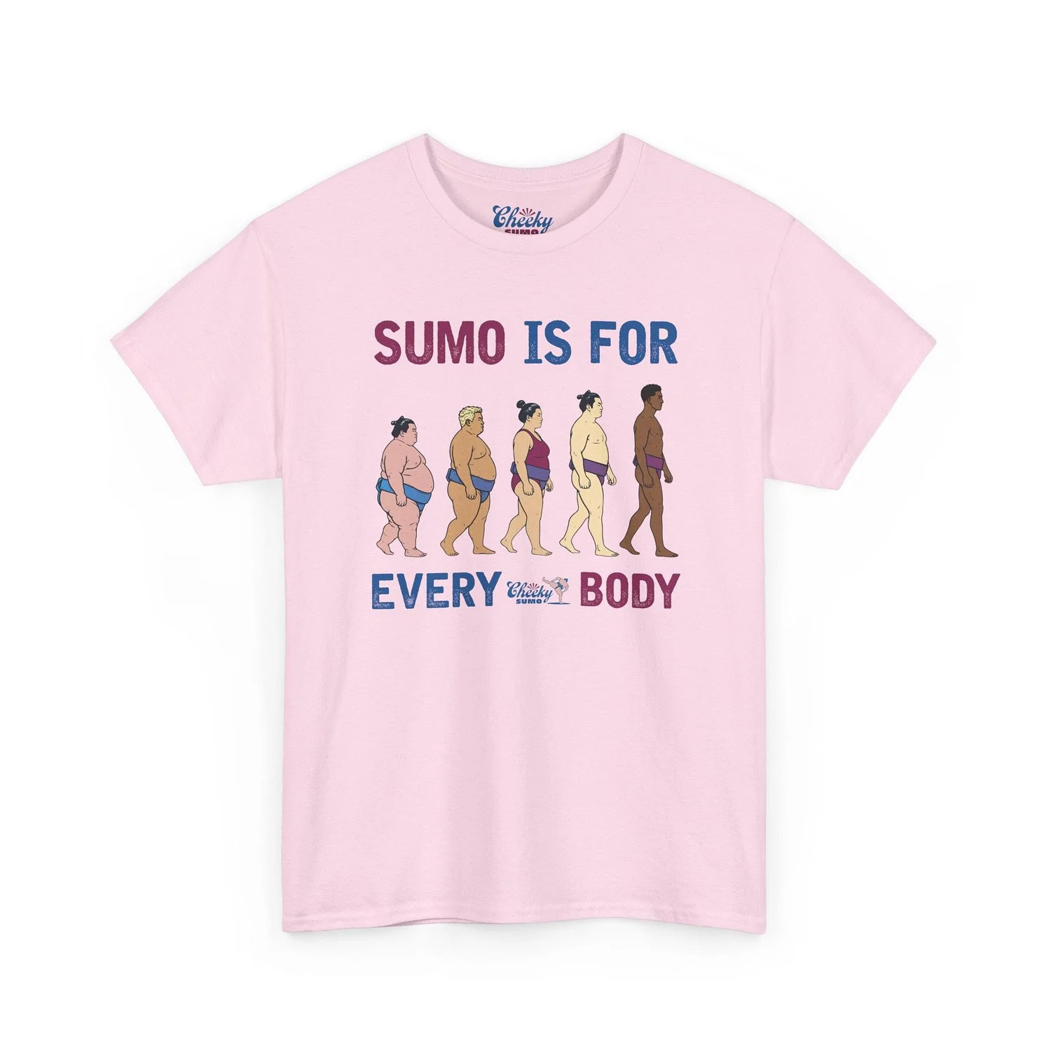 pink shirt featuring sumo wrestlers in evolutionary progression pattern