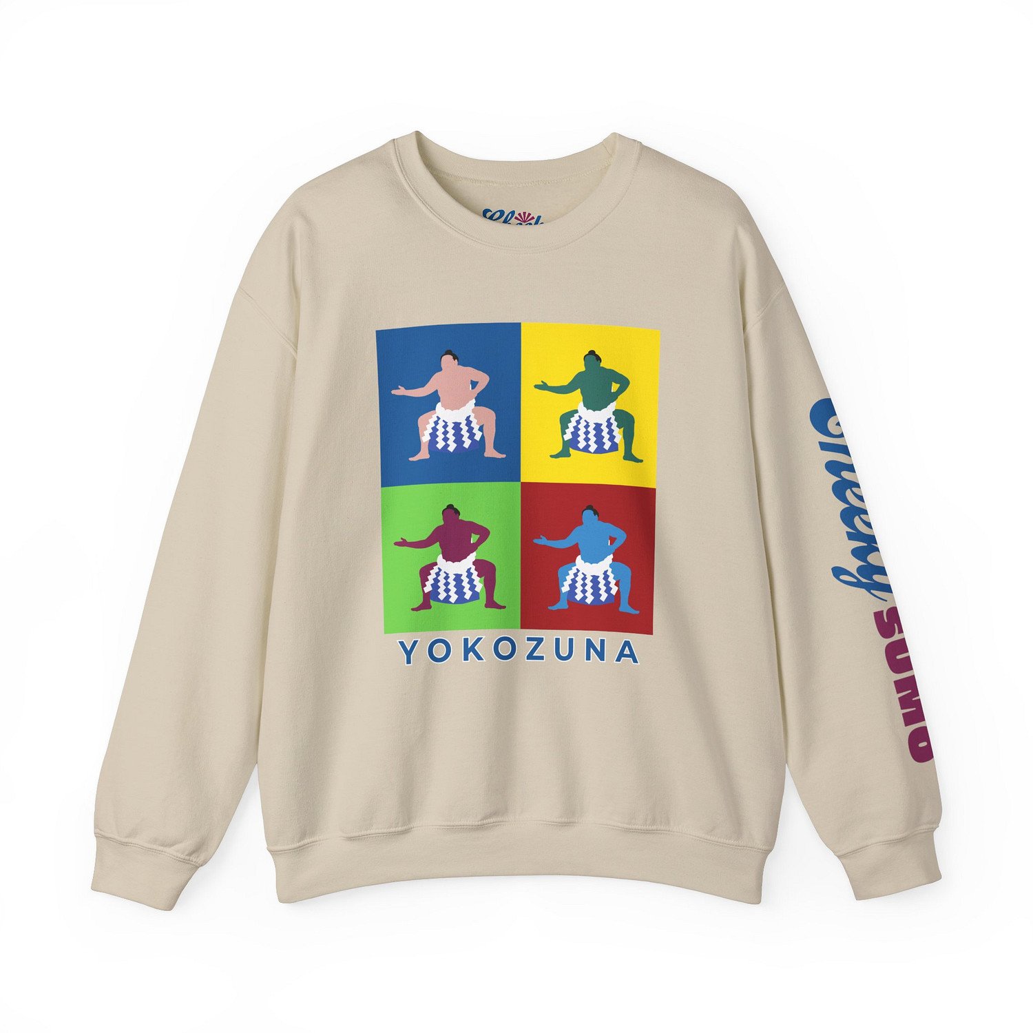 sand sweatshirt with bold pop art–style graphic of Yokozuna on front and Cheeky Sumo logo down left arm