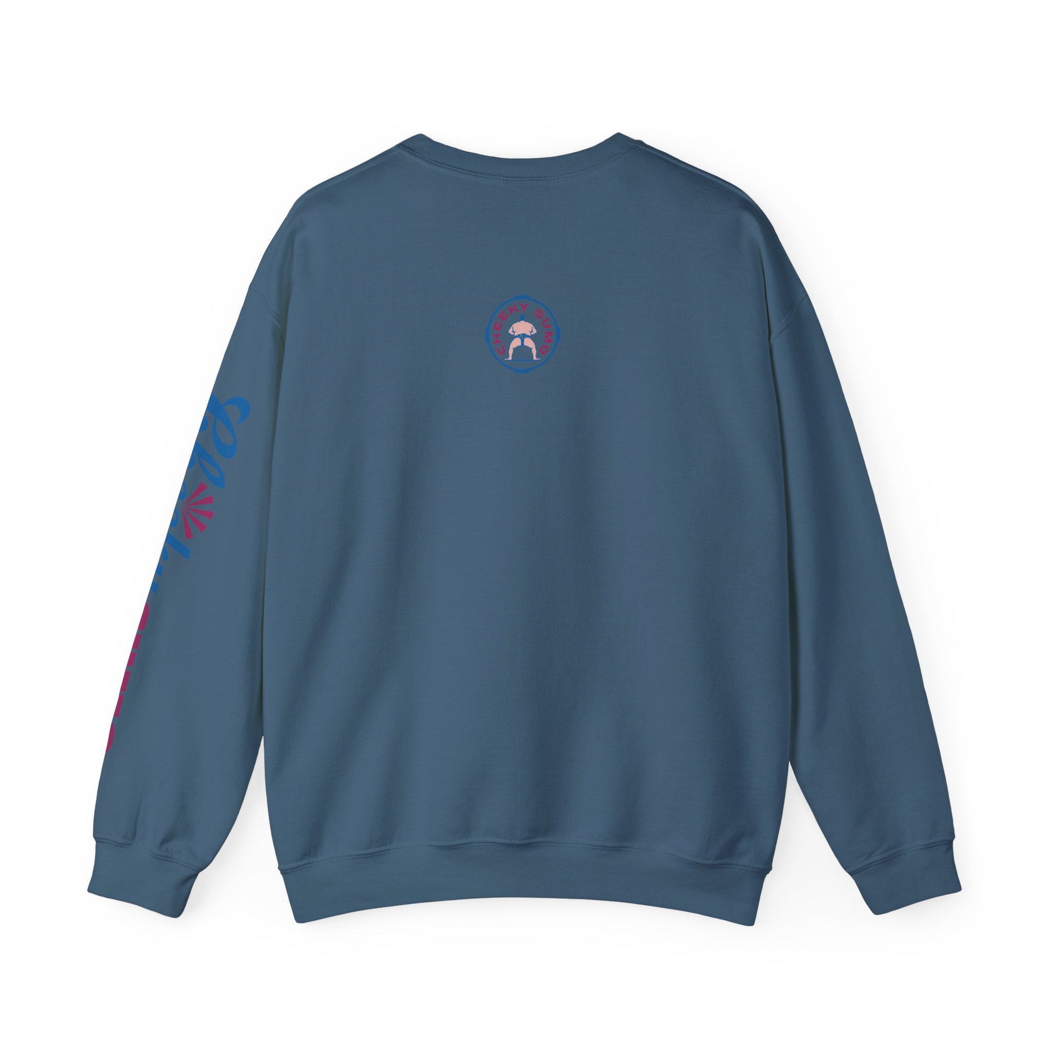 back of indigo blue sweatshirt with Cheeky Sumo classic rays logo centered near the collar