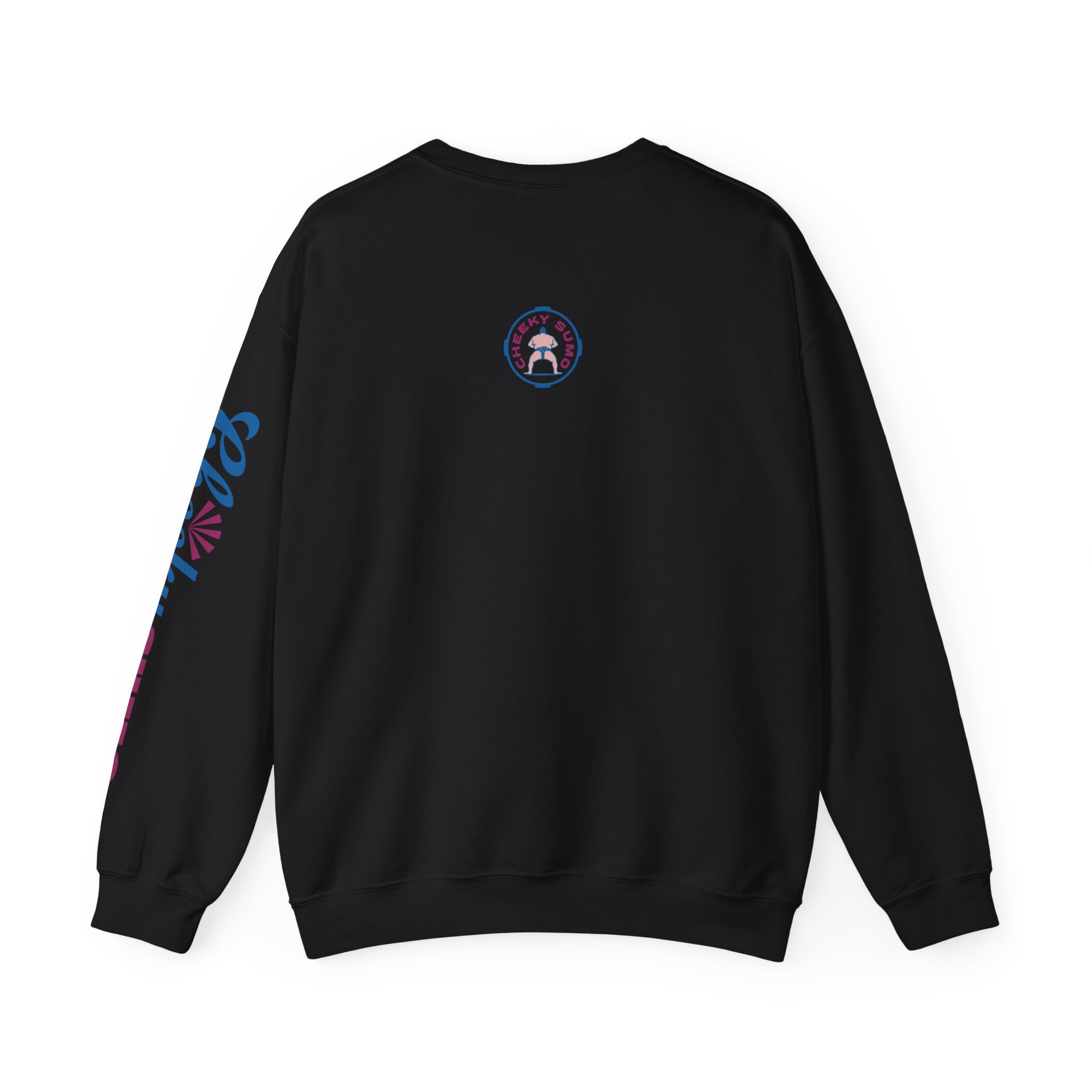 back of black sweatshirt with Cheeky Sumo classic rays logo centered near the collar
