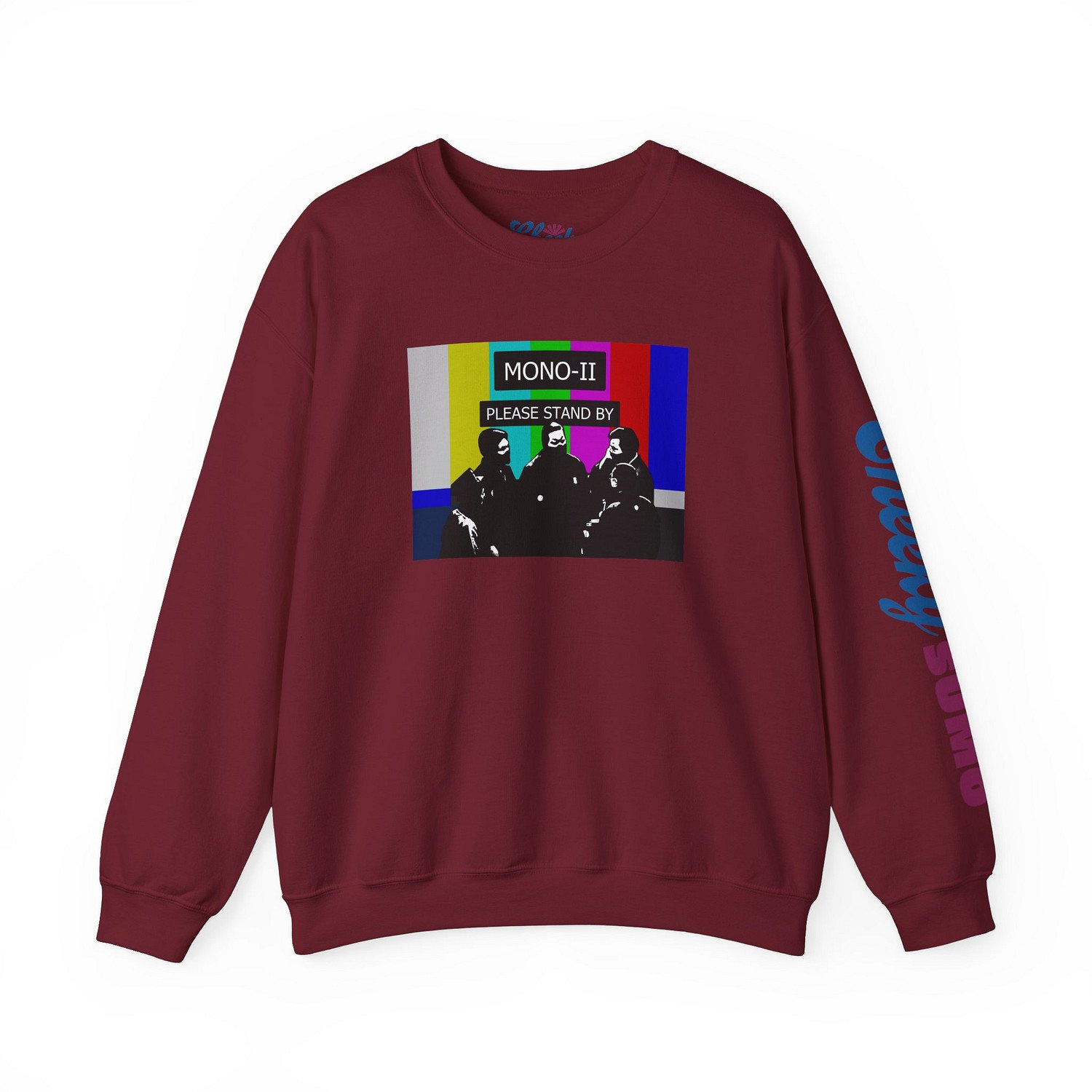 Garnet sweatshirt with sumo mono-ii and colorful no service TV graphic on front and Cheeky Sumo logo on left sleeve