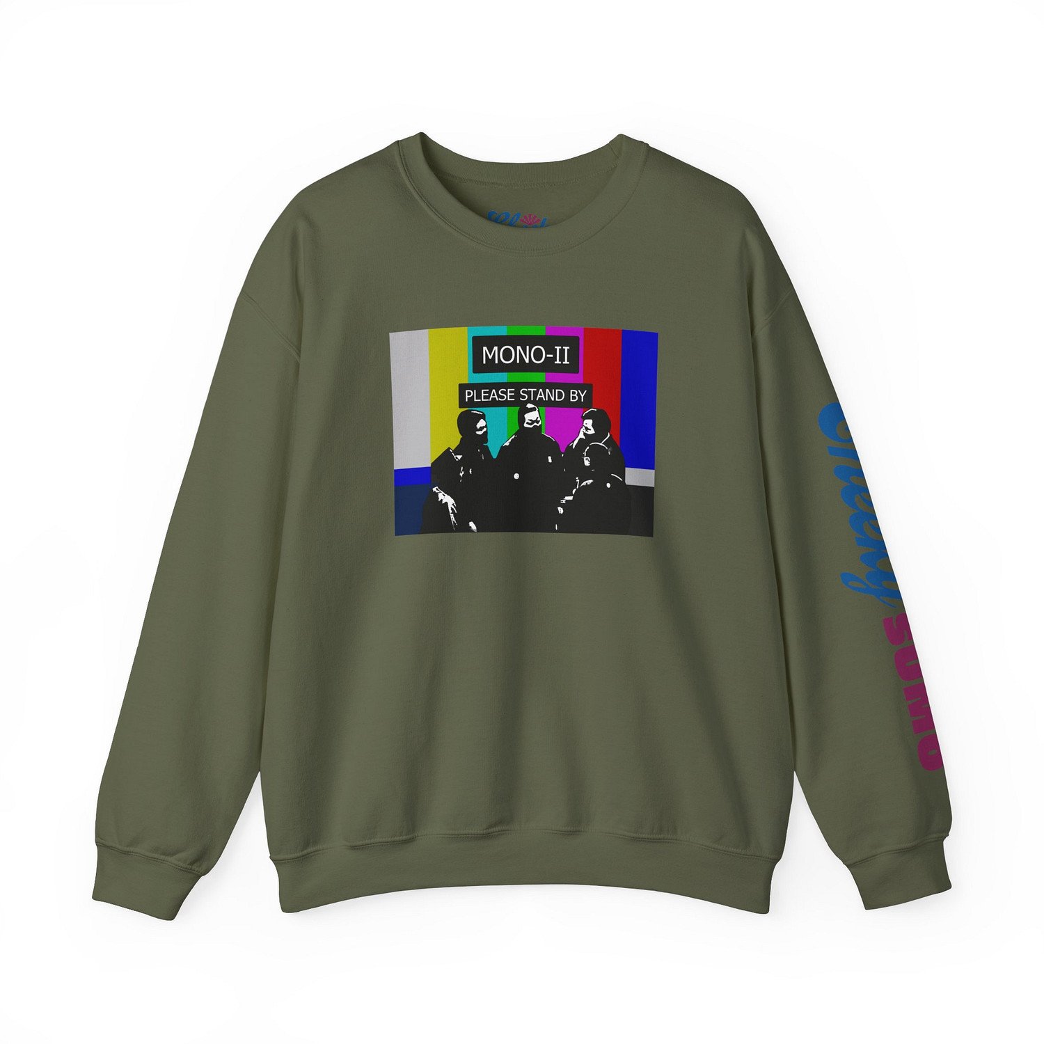 military green sweatshirt with sumo mono-ii and colorful no service TV graphic on front and Cheeky Sumo logo on left sleeve