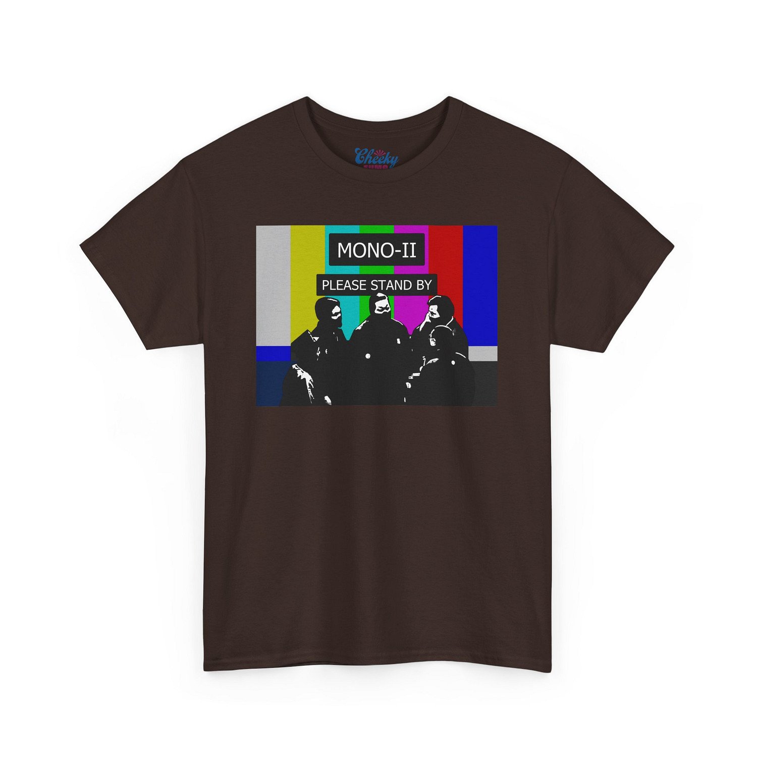 dark chocoalte t-shirt with sumo mono-ii and colorful no service TV graphic with "please stand by" text