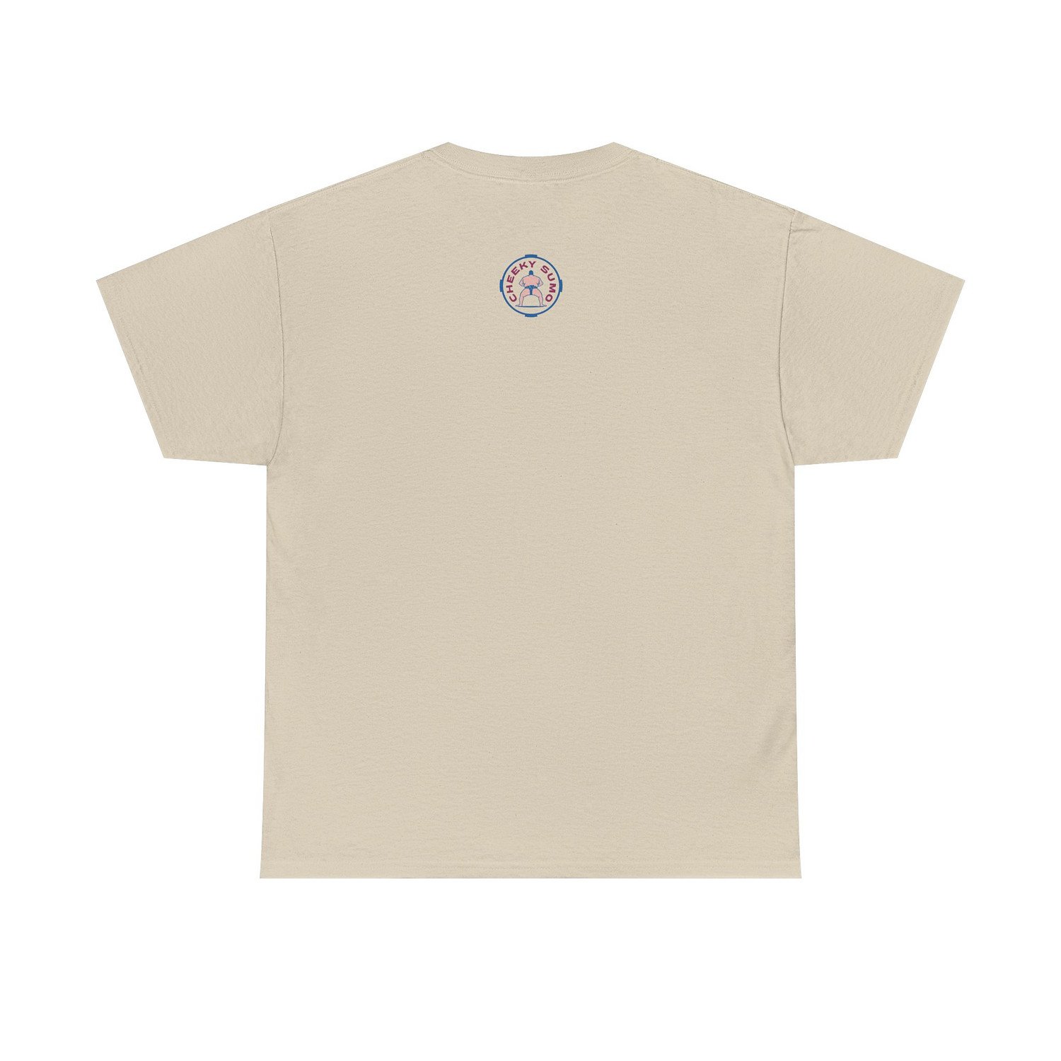 back of sand t-shirt with Cheeky Sumo classic rays logo centered near the collar