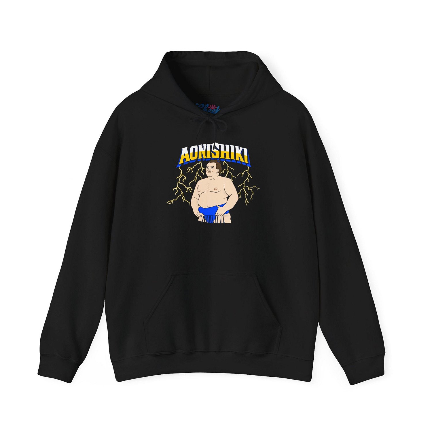 Black hoodie with lightning bolts shooting down from "Aonishiki" and the rikishi standing with his mawashi