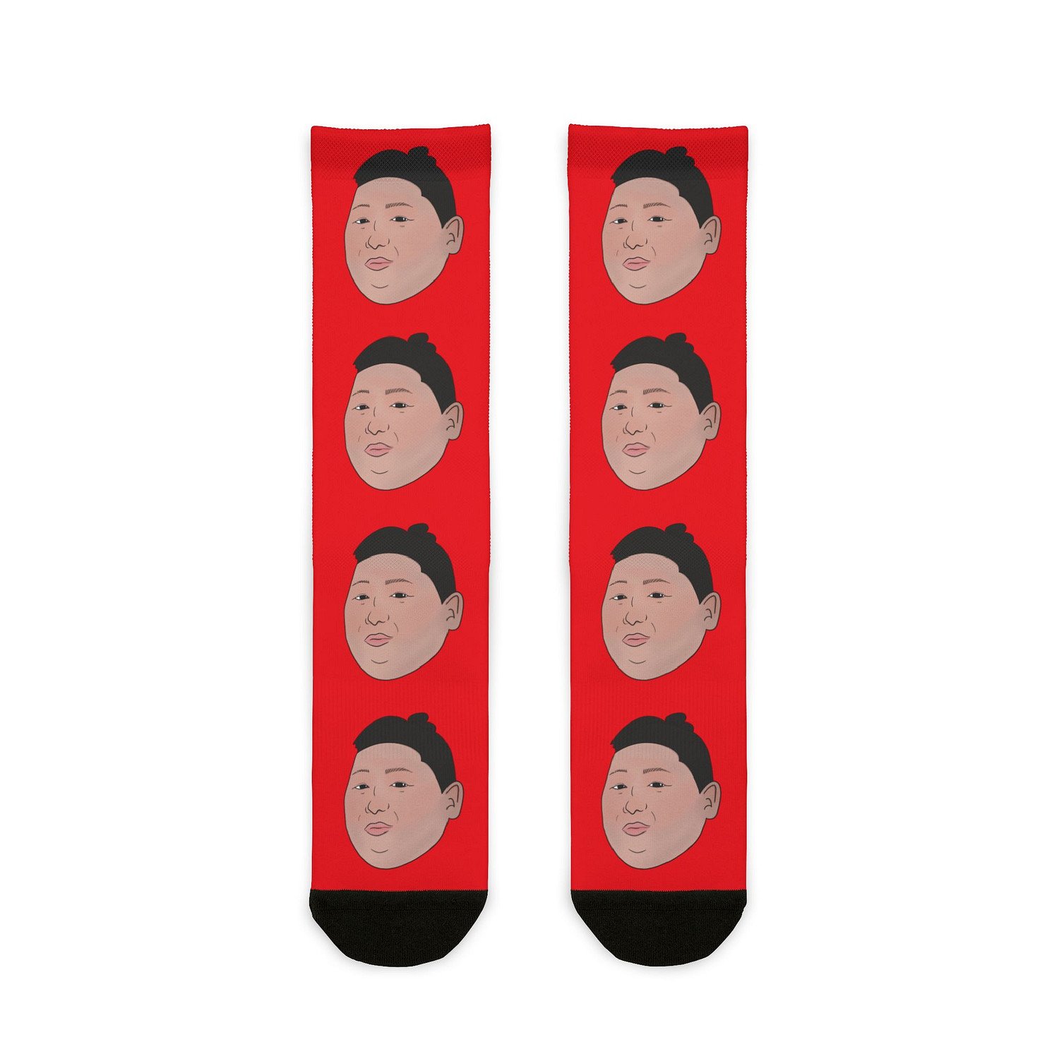 Flat front view of red socks with Wakamotoharu's face repeated