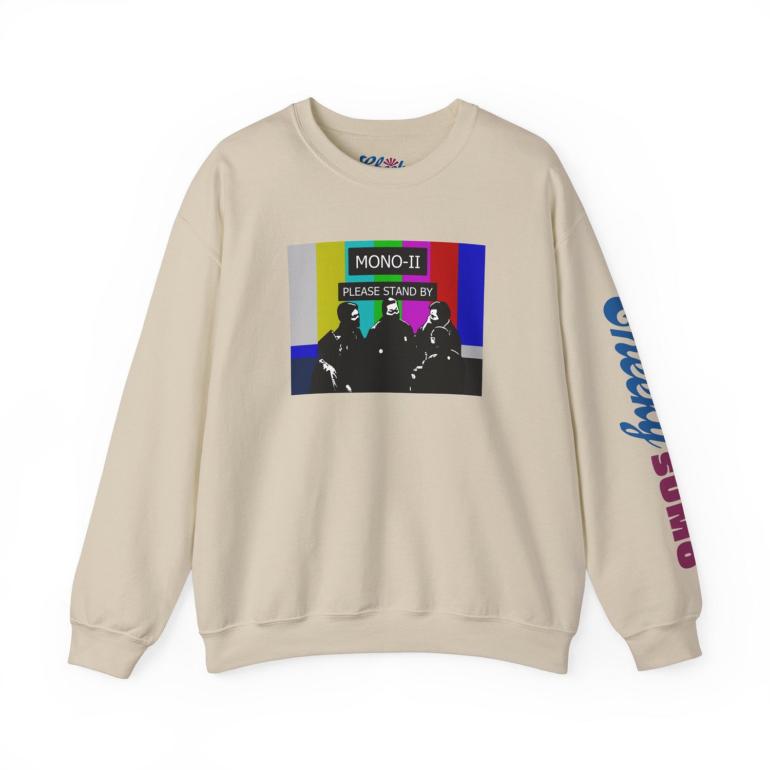 sand sweatshirt with sumo mono-ii and colorful no service TV graphic on front and Cheeky Sumo logo on left sleeve