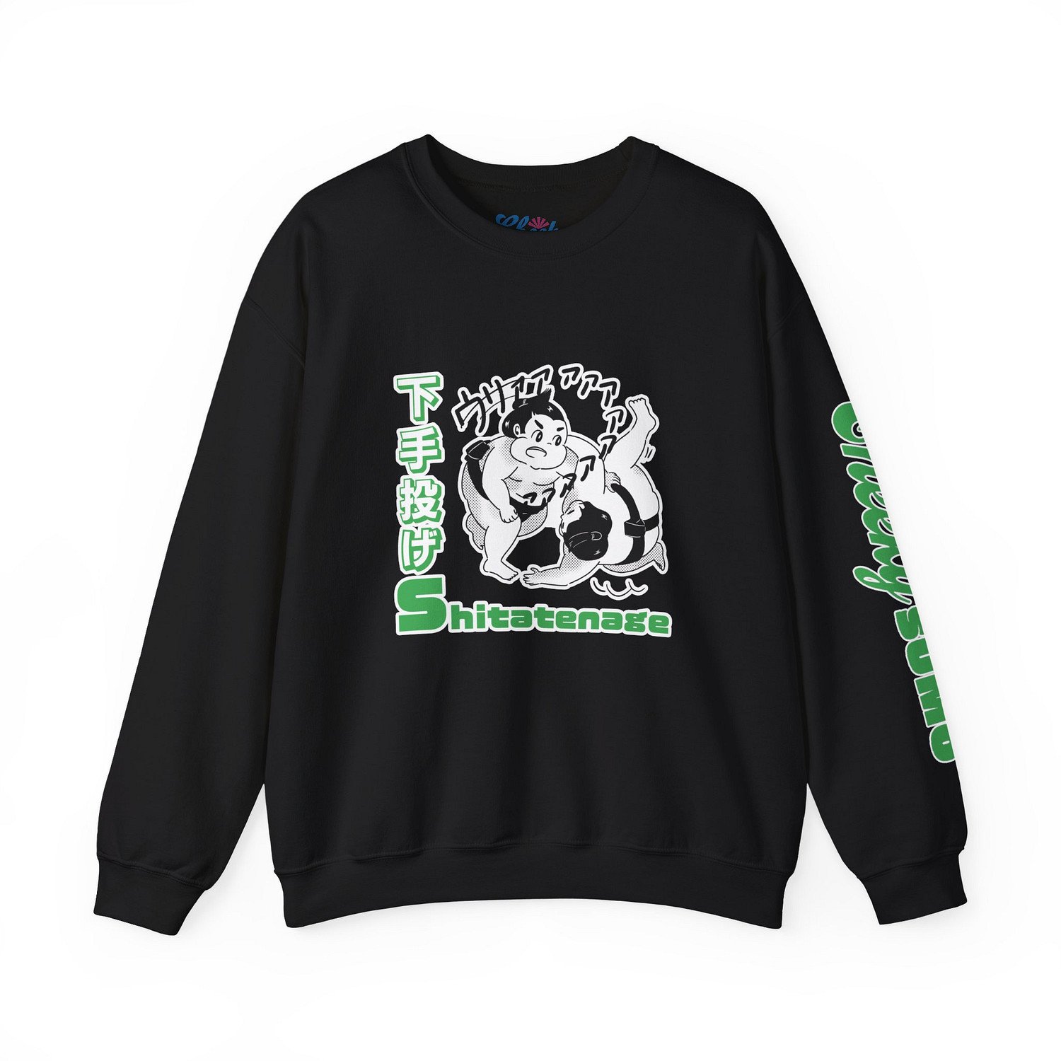 Front of black sweatshirt showing cartoon sumo move Yorikiri with Yorikiri in Japanese and English text