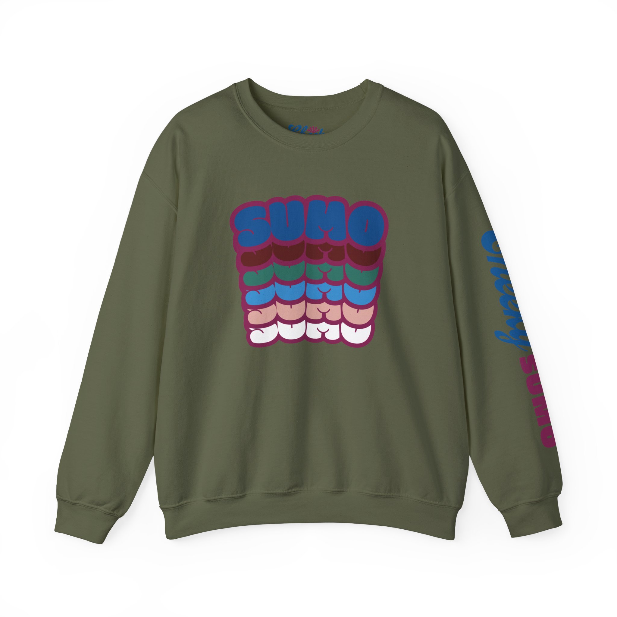 military green sweatshirt with “Sumo” written six times in colorful bubble letters stacked vertically