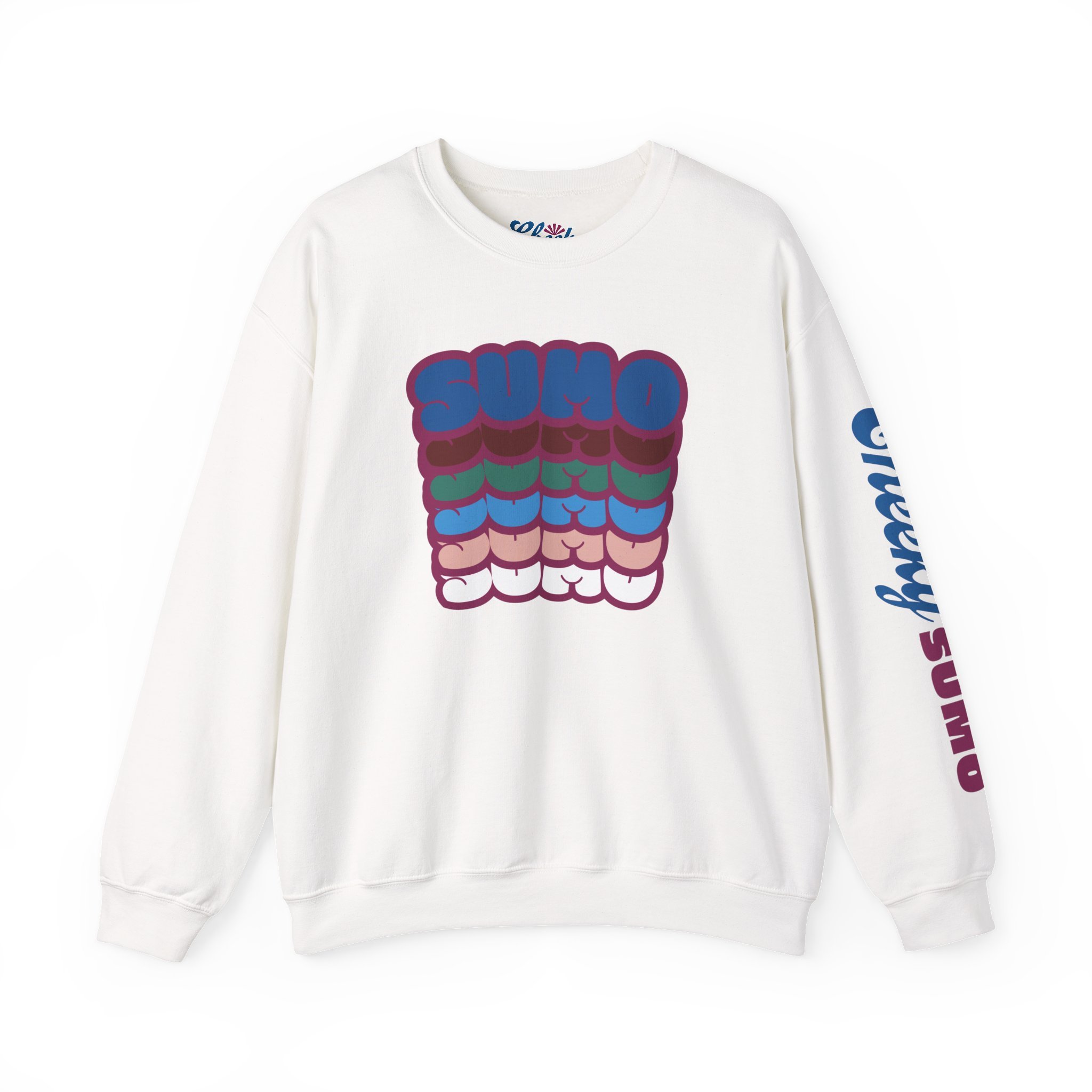 white sweatshirt with “Sumo” written six times in colorful bubble letters stacked vertically