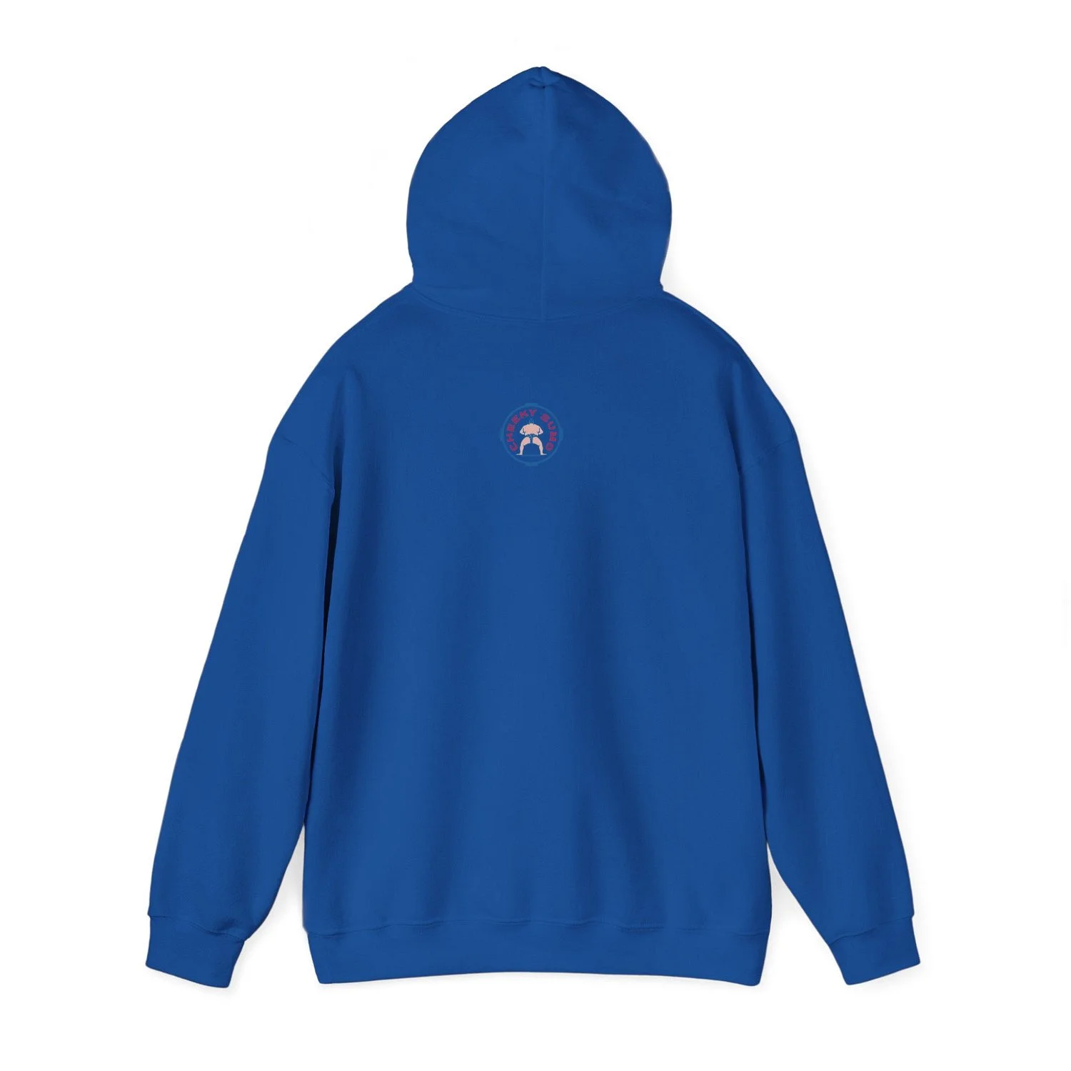 Back of blue Aonishiki hoodie featuring Cheeky Sumo logo