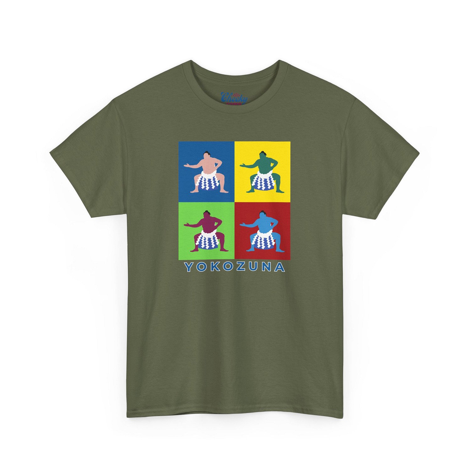 Military Green T-shirt featuring four colorful pop art panels of Yokozuna Hoshoryu in bold sumo-inspired design