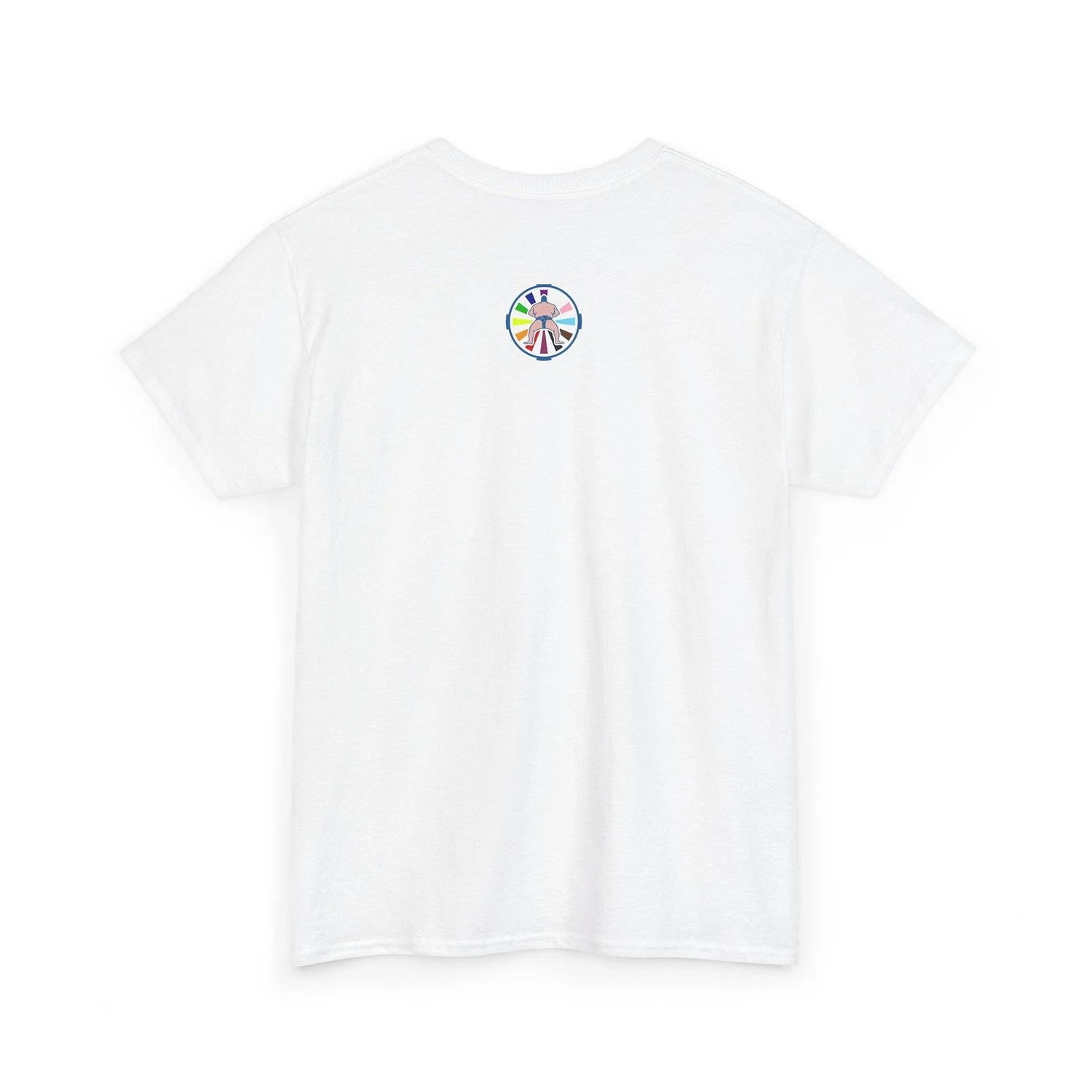 white t-shirt featuring Cheeky Sumo rainbow pride rays logo on the back