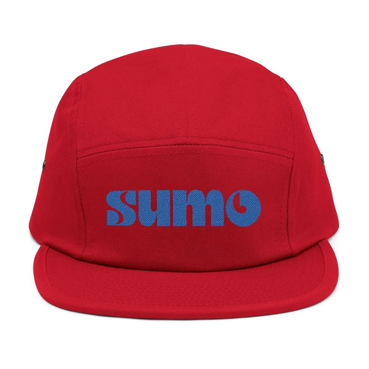 Red 5-panel sumo cap with blue embroidered text