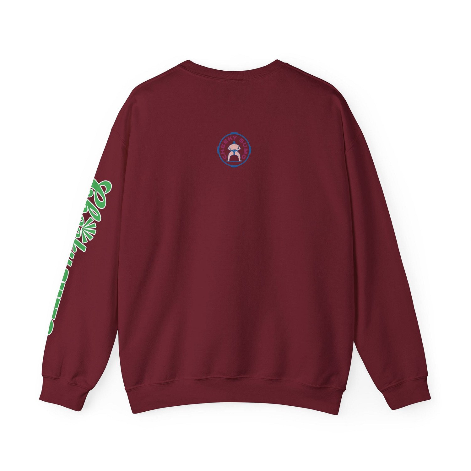 back of garnet sweatshirt with classic round Cheeky Sumo rays logo and green Cheeky Sumo text on left arm