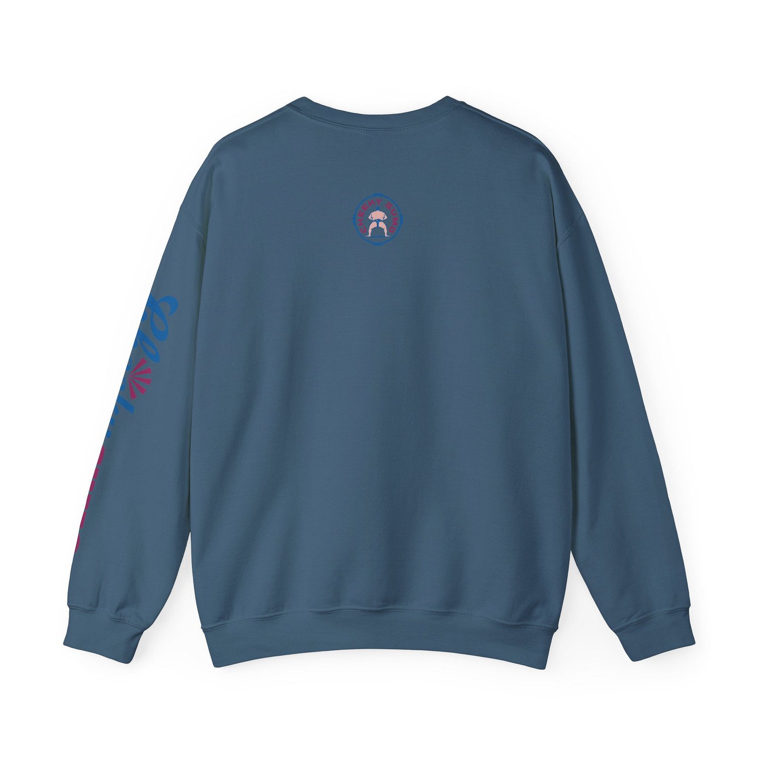 Back of a indigo blue Yokozuna sweatshirt featuring the round Cheeky Sumo rays logo in the upper center.