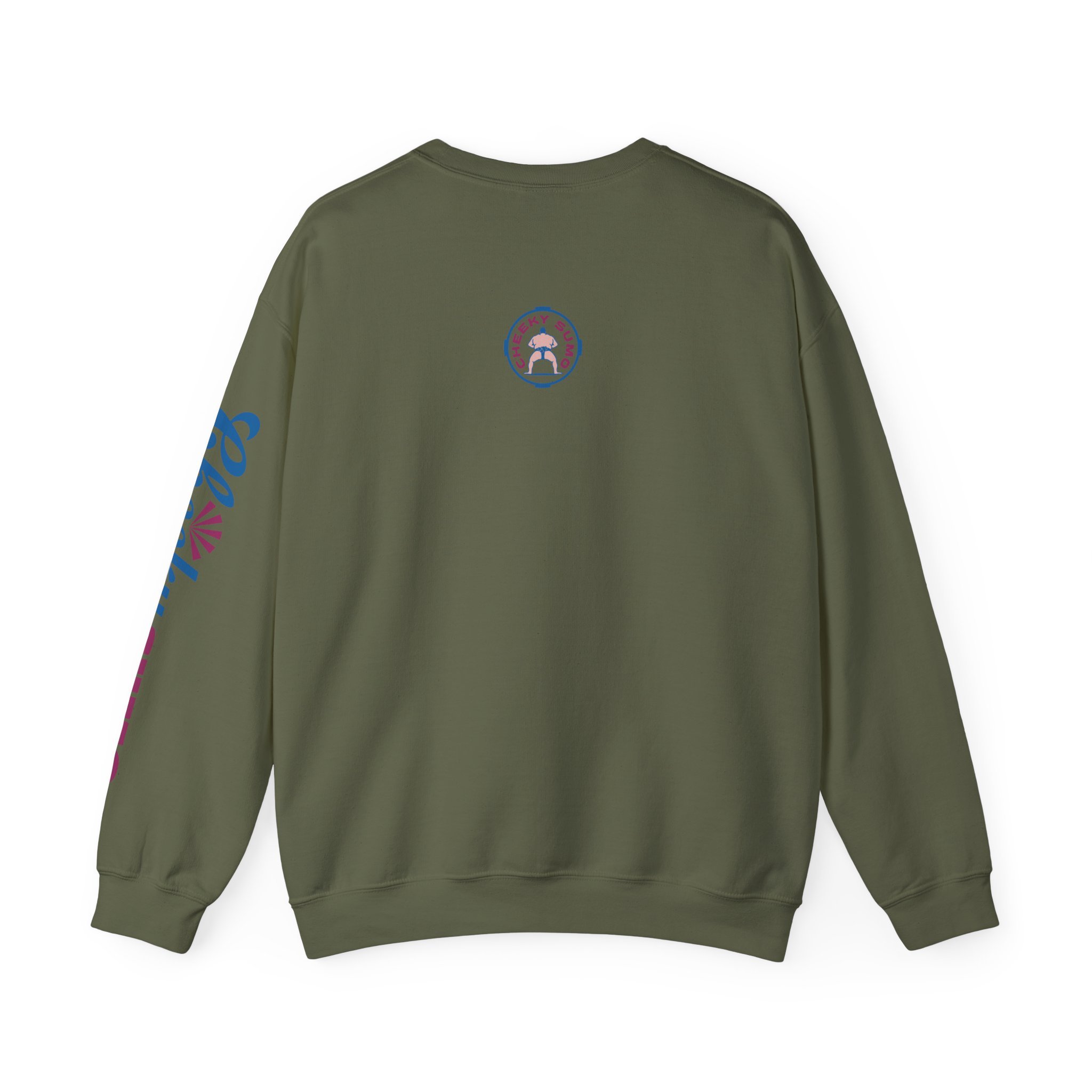 back of military green sweatshirt with Cheeky Sumo classic rays logo centered near the collar