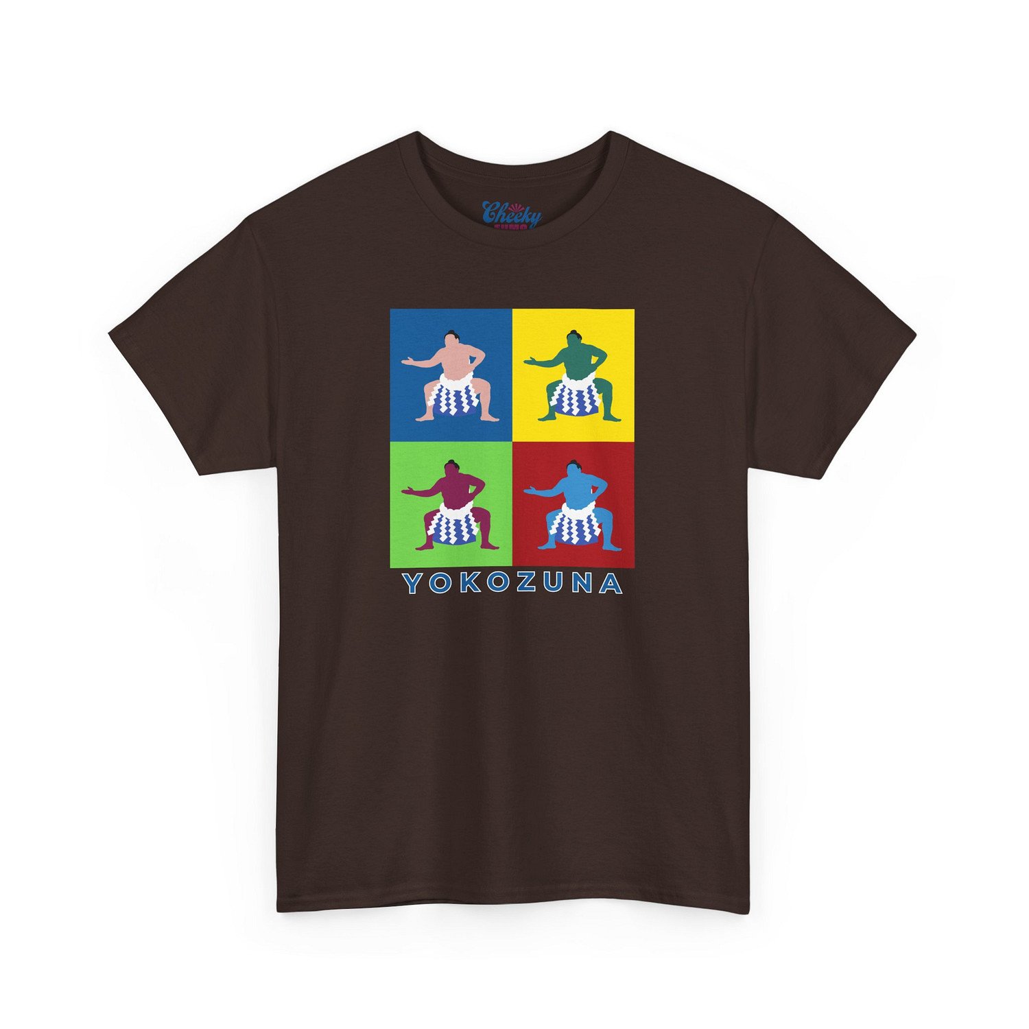 Dark Chocolate T-shirt featuring four colorful pop art panels of Yokozuna Hoshoryu in bold sumo-inspired design