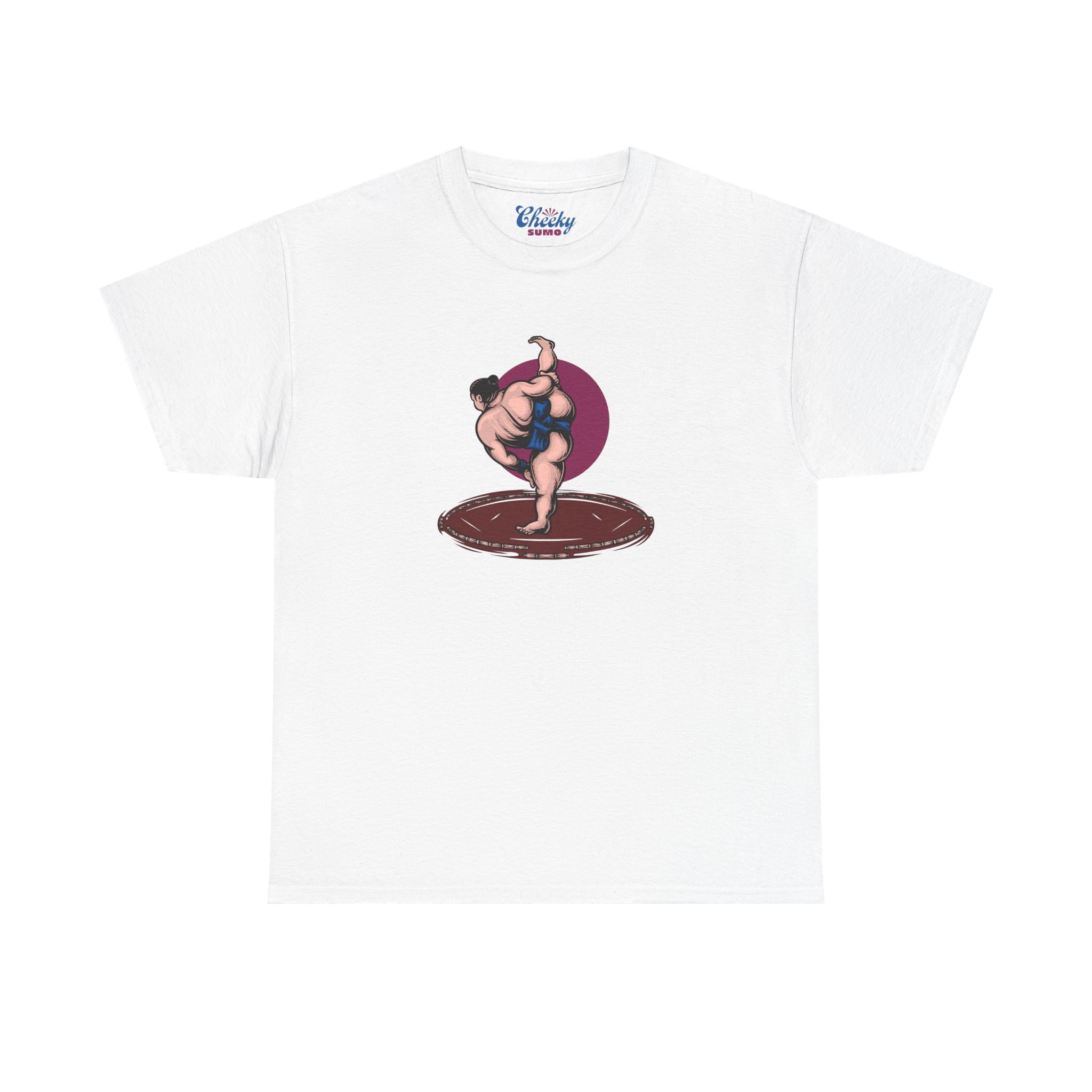 white sumo t-shirt with bold shiko stomp graphic in front and "Cheeky Sumo" down left arm