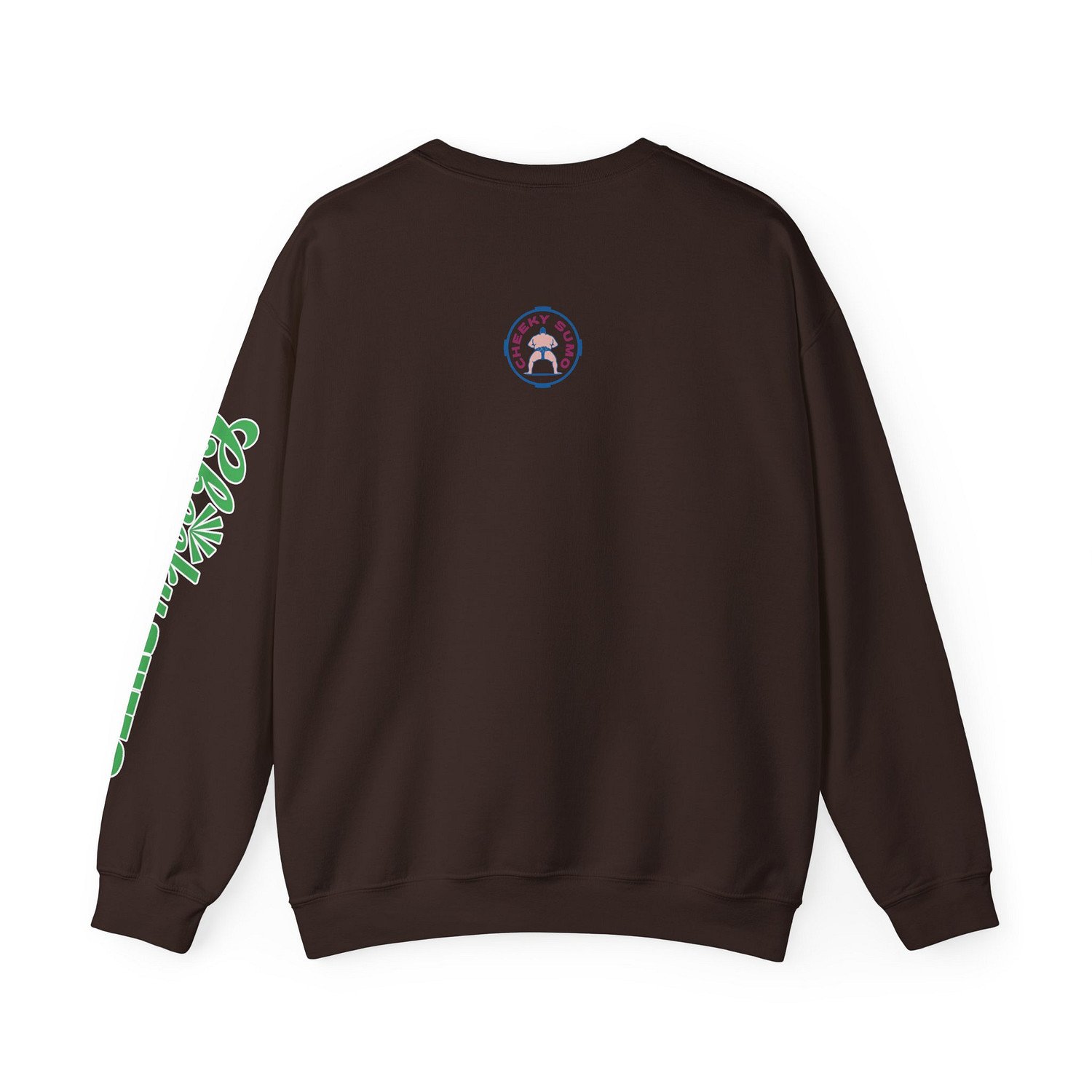back of dark chocolate sweatshirt with classic round Cheeky Sumo rays logo and green Cheeky Sumo text on left arm