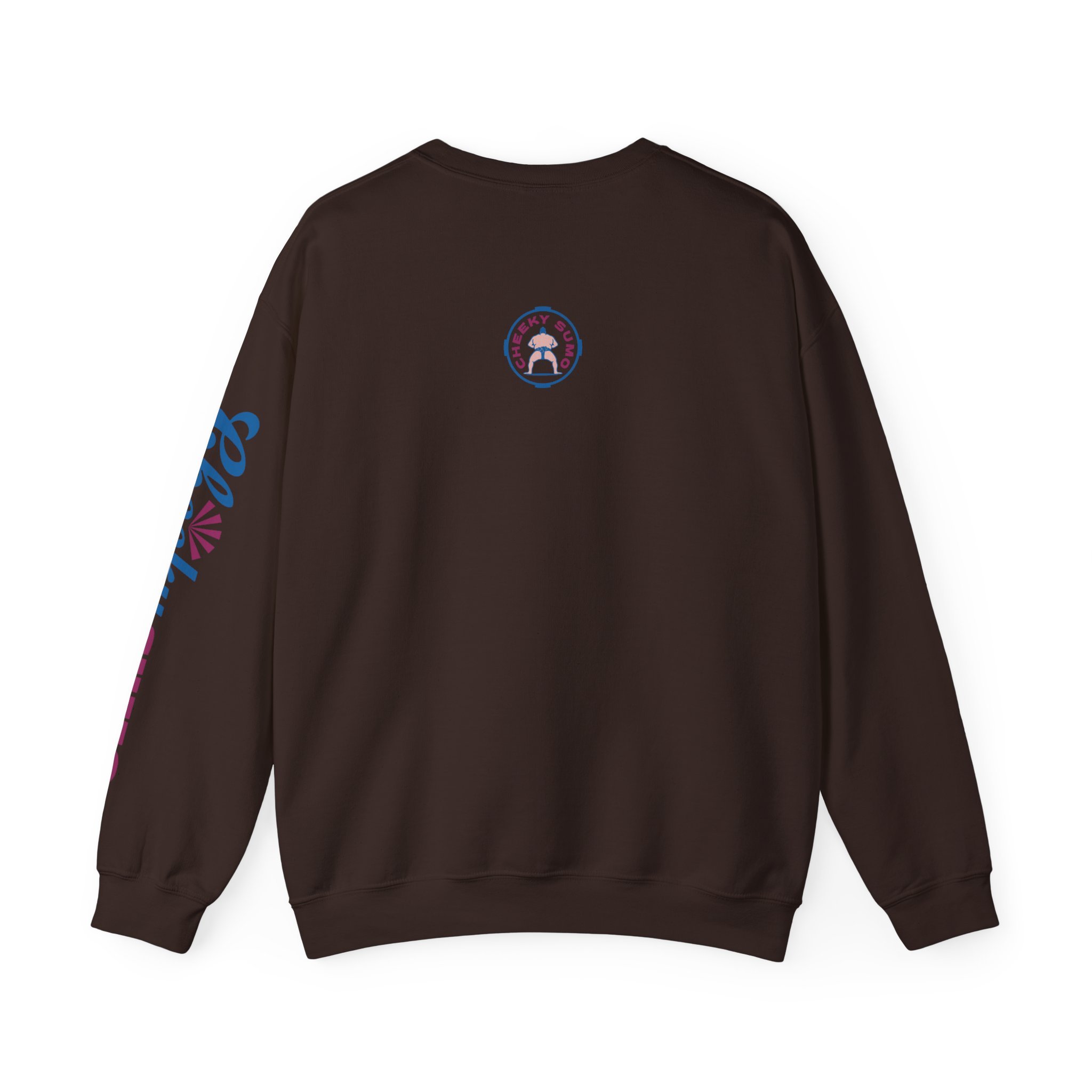 back of dark chocolate sweatshirt with Cheeky Sumo classic rays logo centered near the collar
