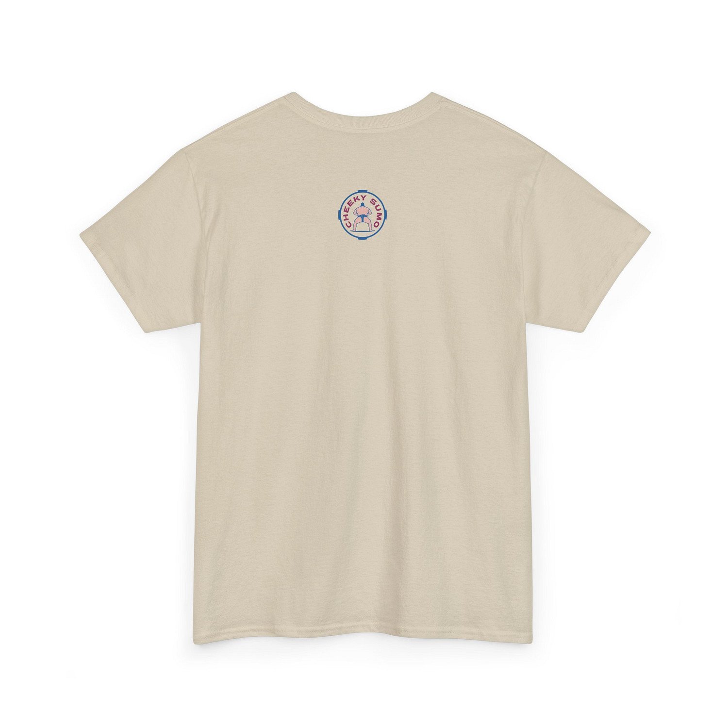 Back of a sand t-shirt featuring the round Cheeky Sumo rays logo in the upper center.