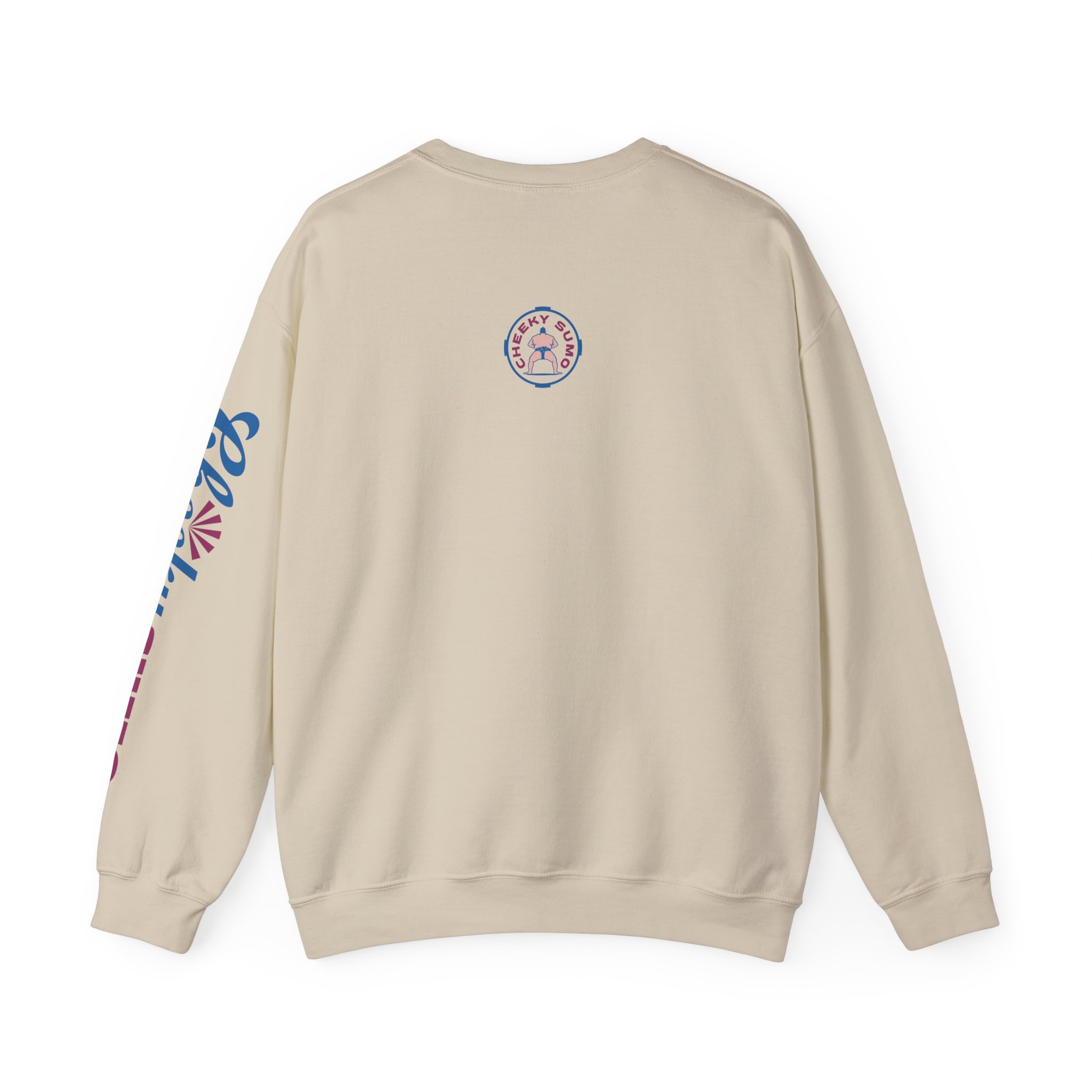 back of sand sweatshirt with Cheeky Sumo classic rays logo centered near the collar