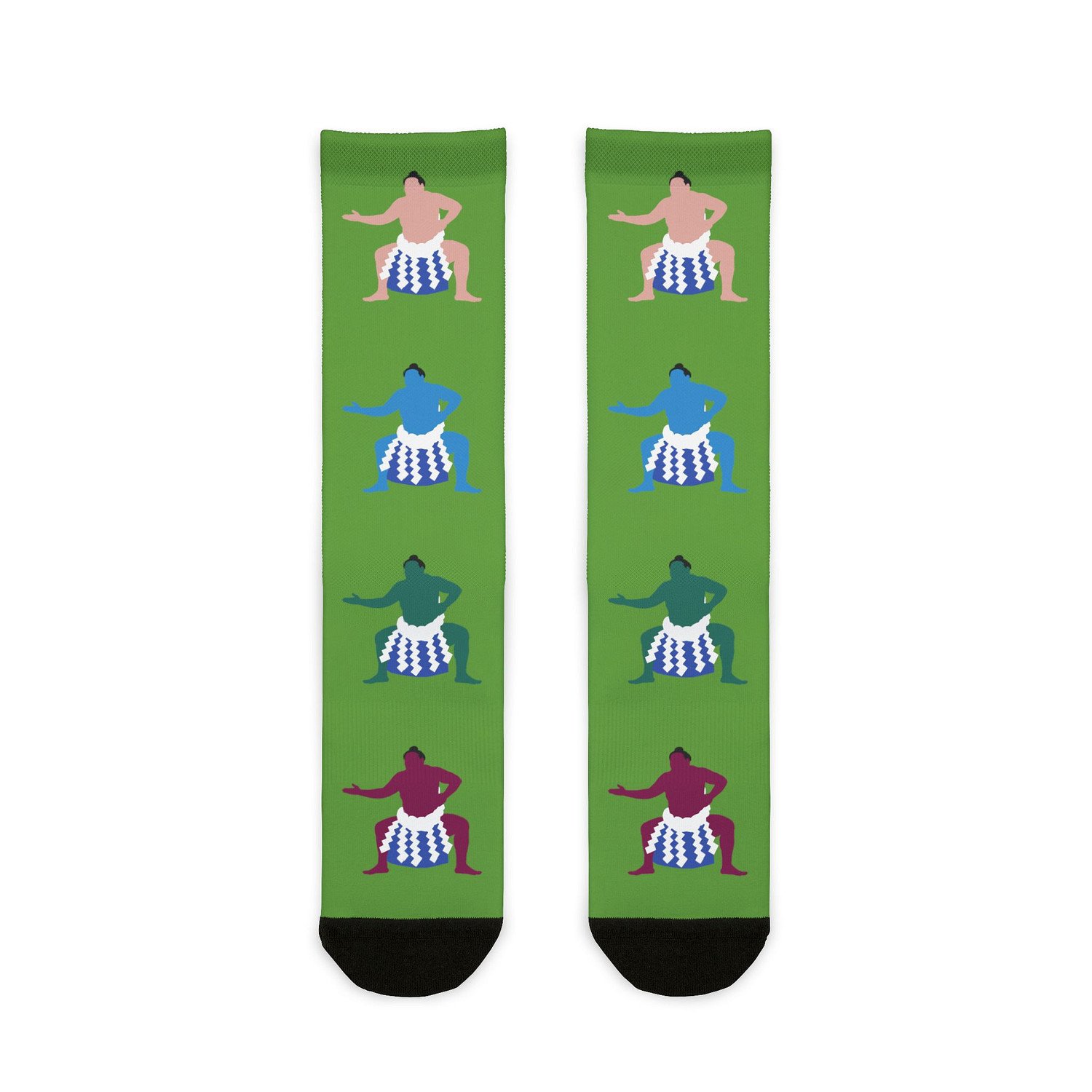 green yokozuna pop sumo socks with yokozuna arwork down the front in different colors