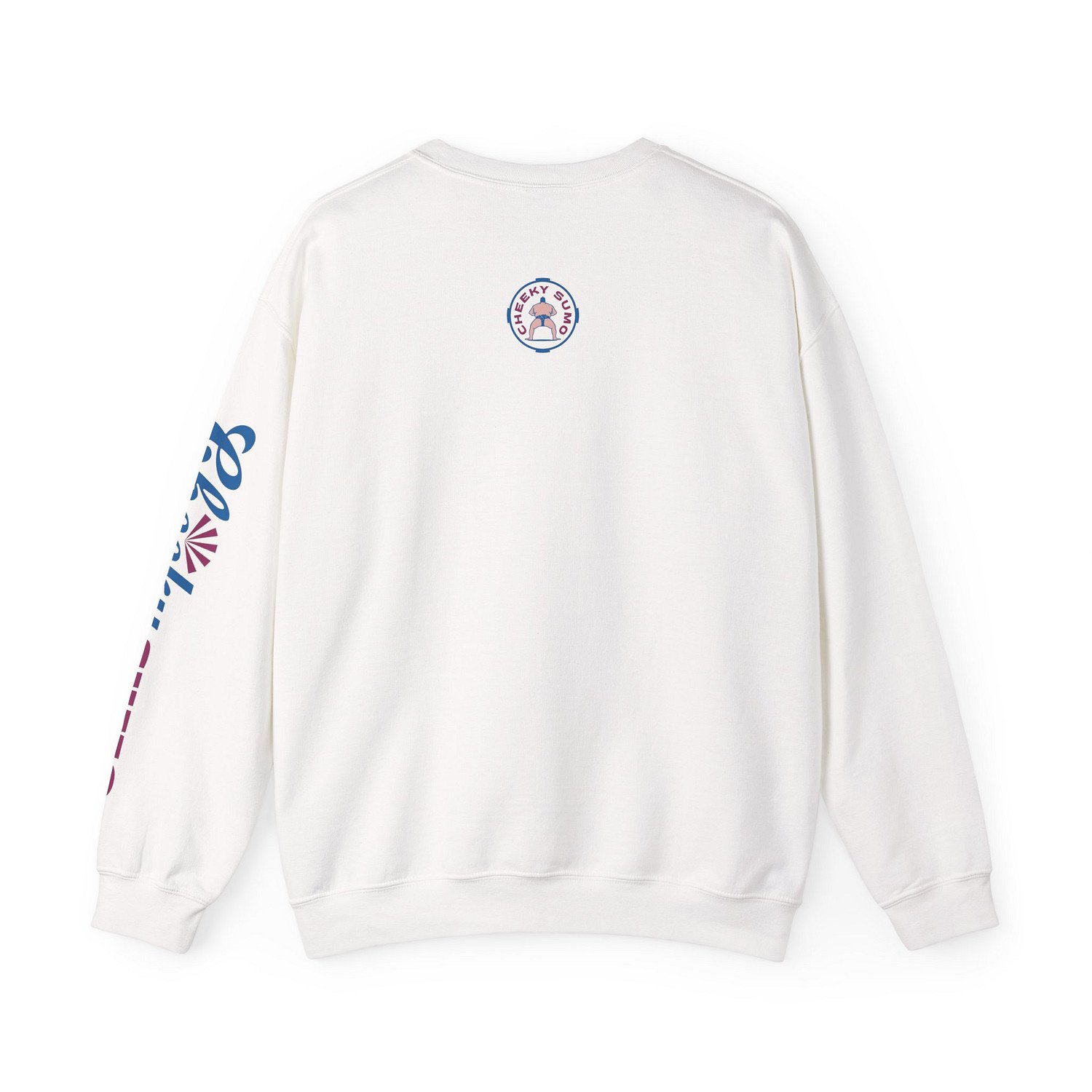 Back of a white Yokozuna sweatshirt featuring the round Cheeky Sumo rays logo in the upper center.
