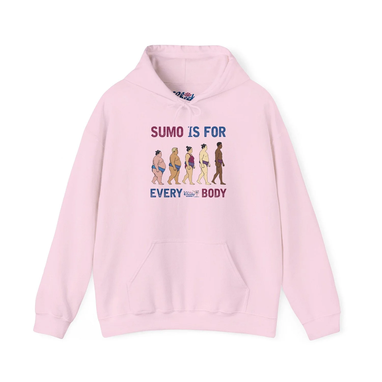 front of pink sumo is for everybody hoodie featuring five sumo wrestlers