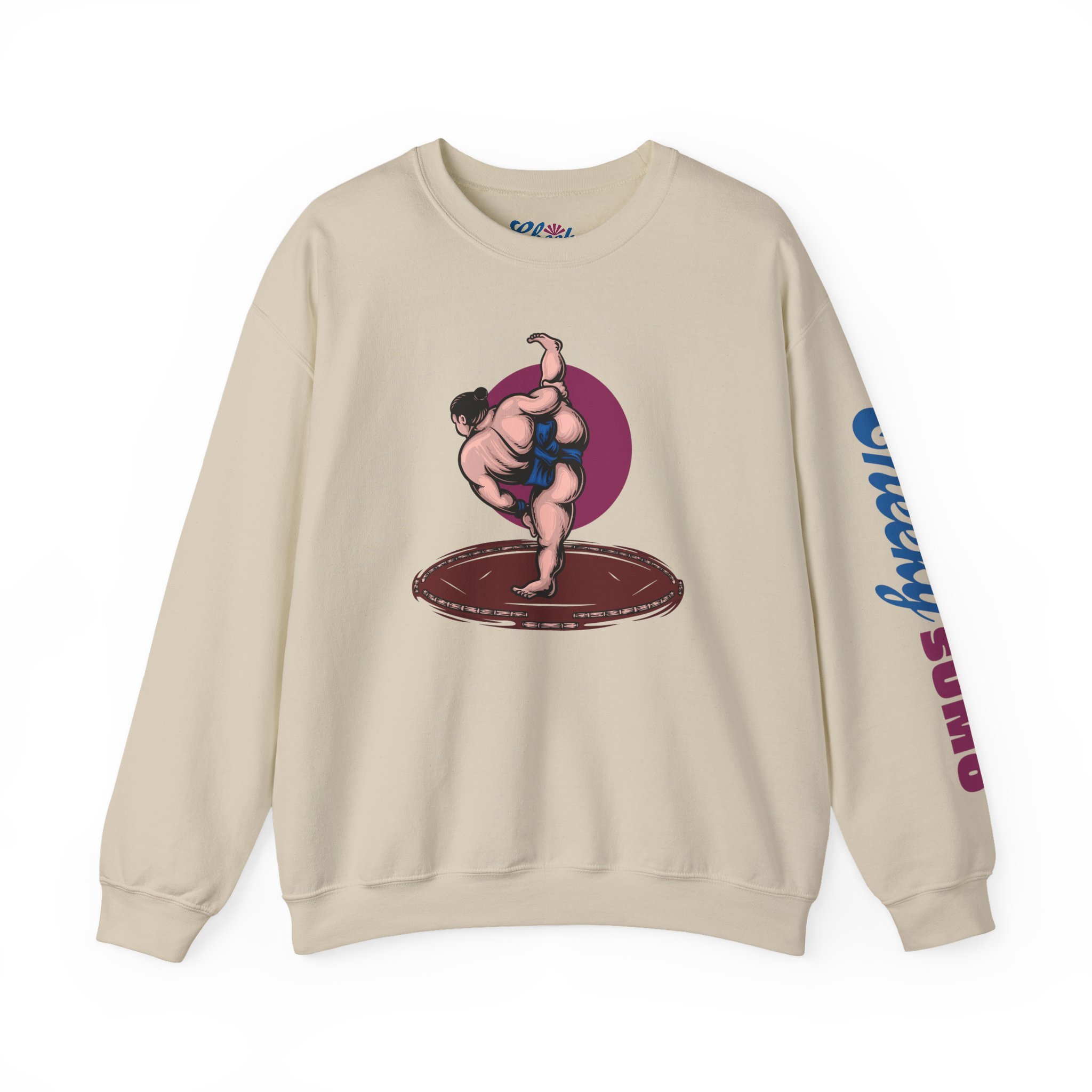 sand sumo sweatshirt with bold shiko stomp graphic in front and "Cheeky Sumo" down left arm
