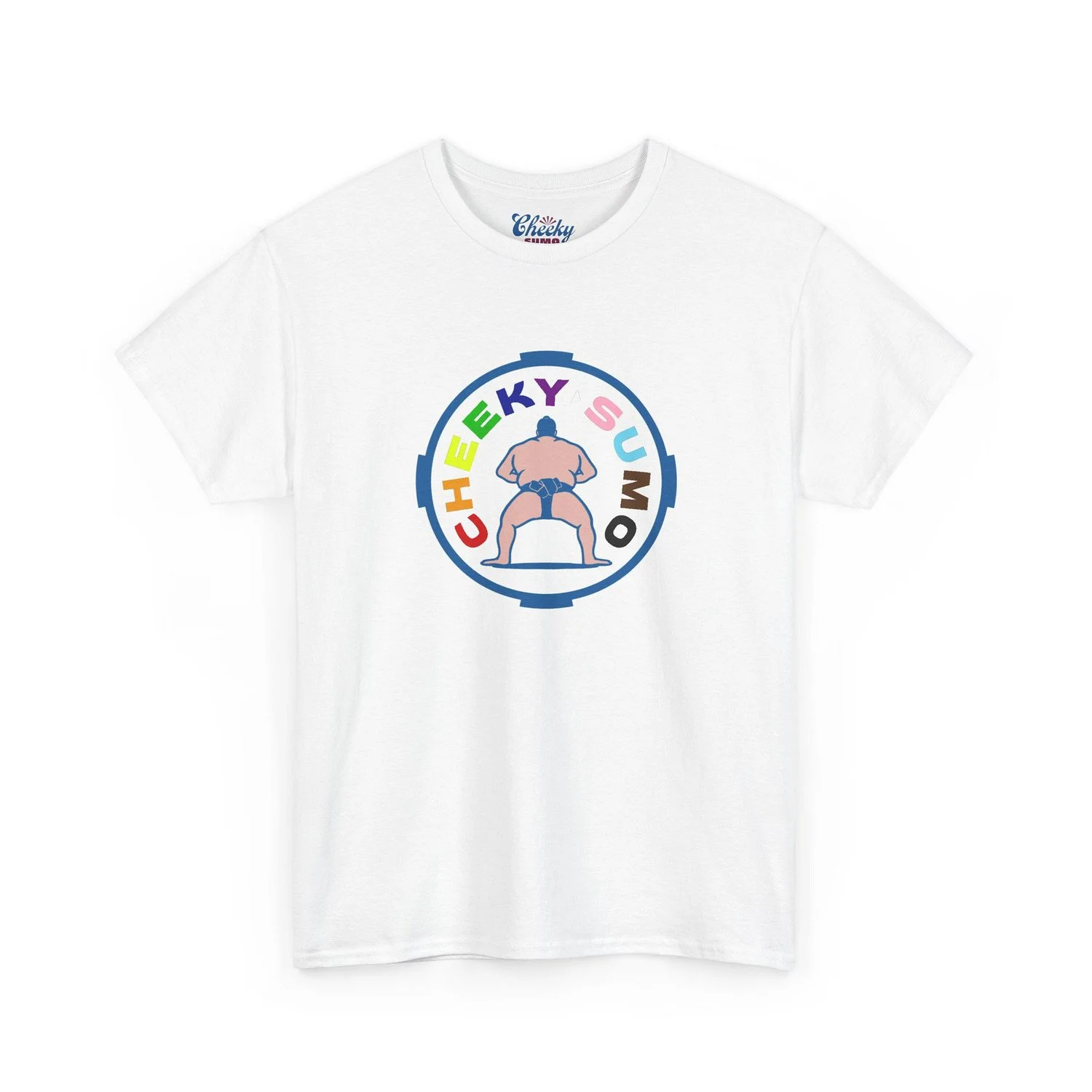 White t-shirt featuring Cheeky Sumo rainbow pride logo on the front