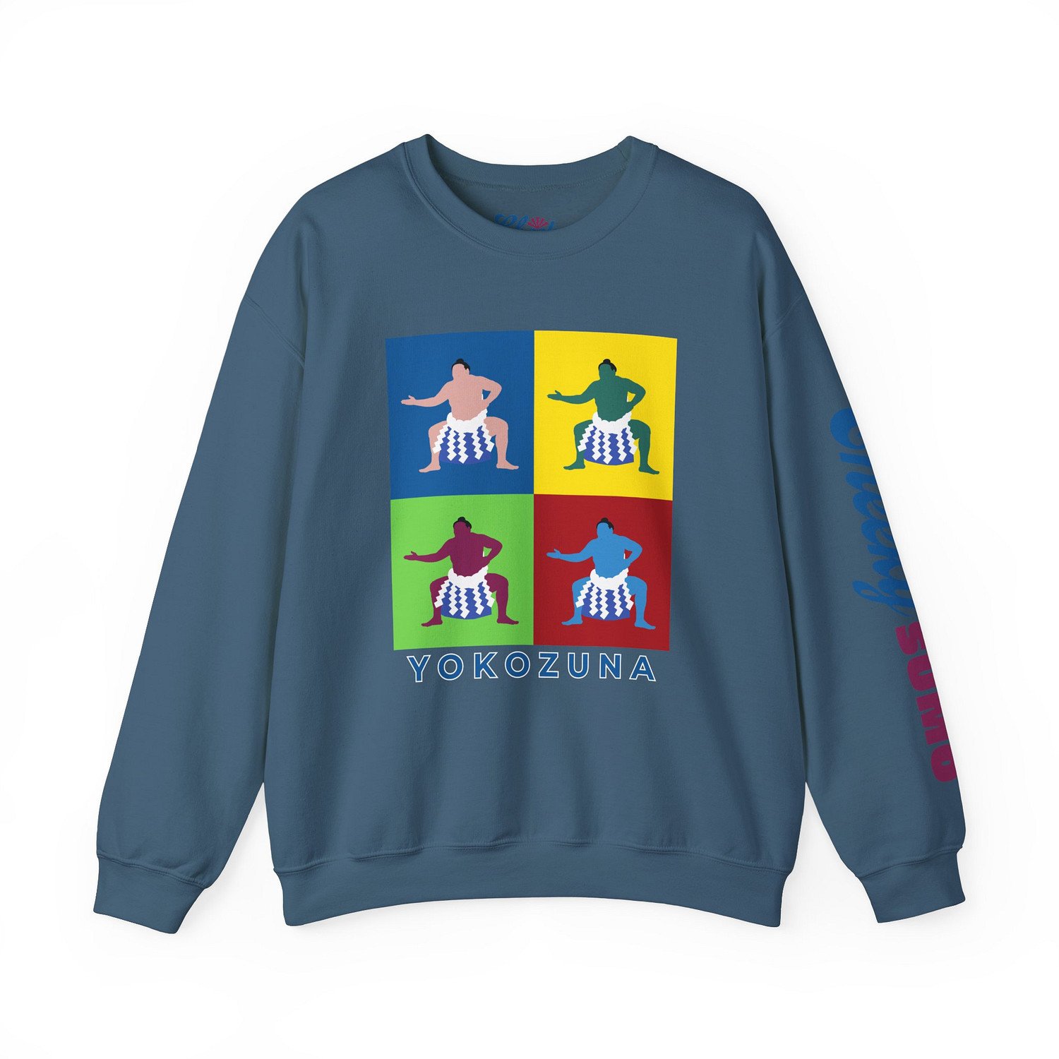 indigo blue sweatshirt with bold pop art–style graphic of Yokozuna on front and Cheeky Sumo logo down left arm