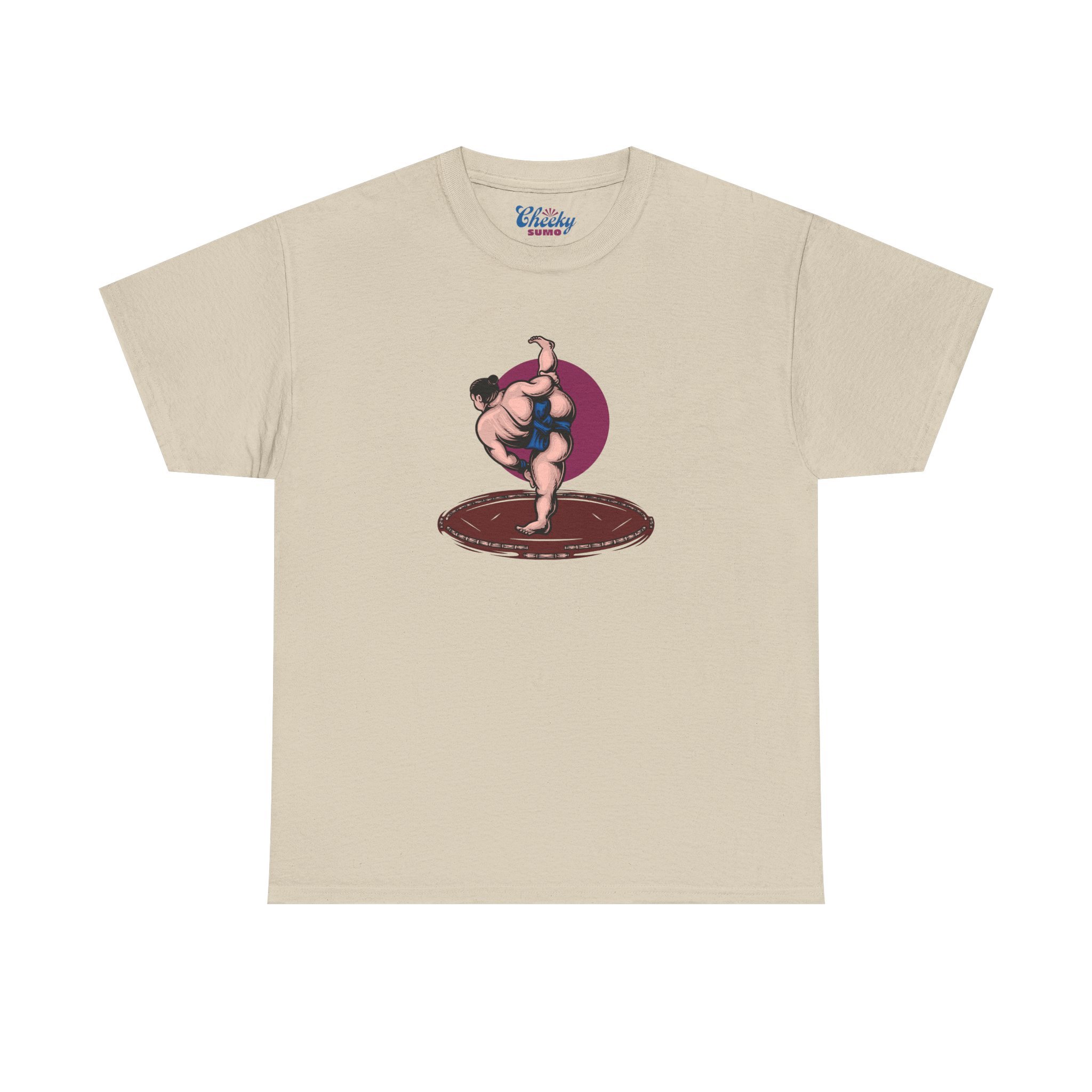 sand sumo t-shirt with bold shiko stomp graphic in front and "Cheeky Sumo" down left arm
