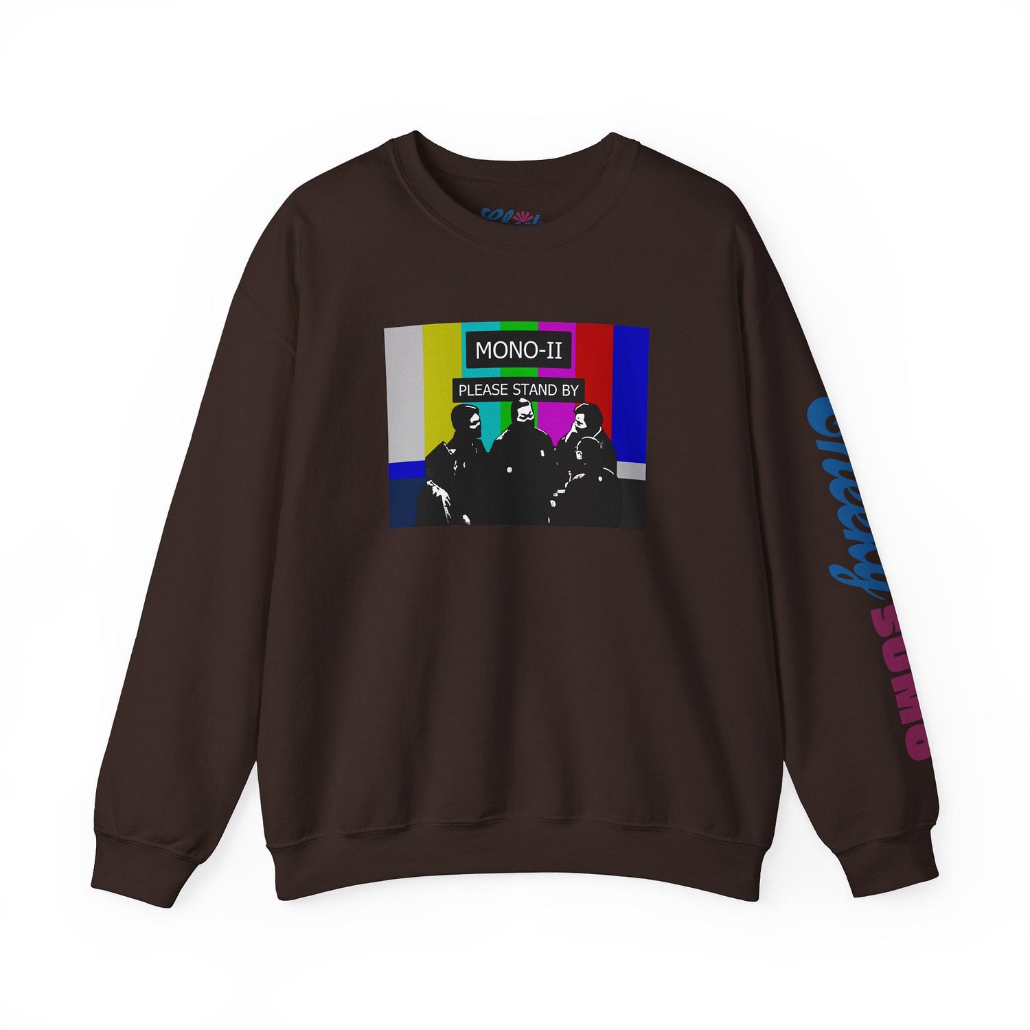 dark chocolate sweatshirt with sumo mono-ii and colorful no service TV graphic on front and Cheeky Sumo logo on left sleeve