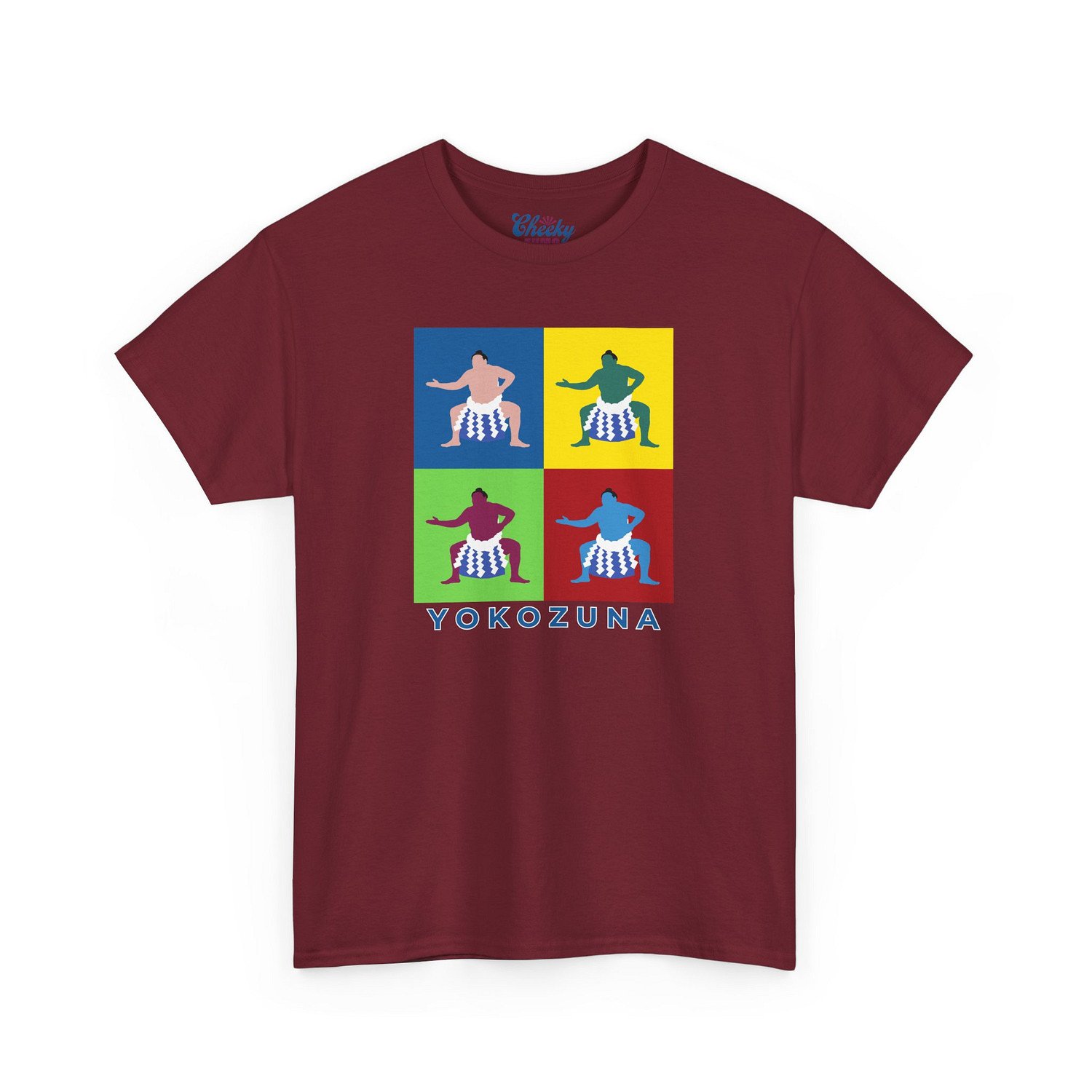 Garnet T-shirt featuring four colorful pop art panels of Yokozuna Hoshoryu in bold sumo-inspired design